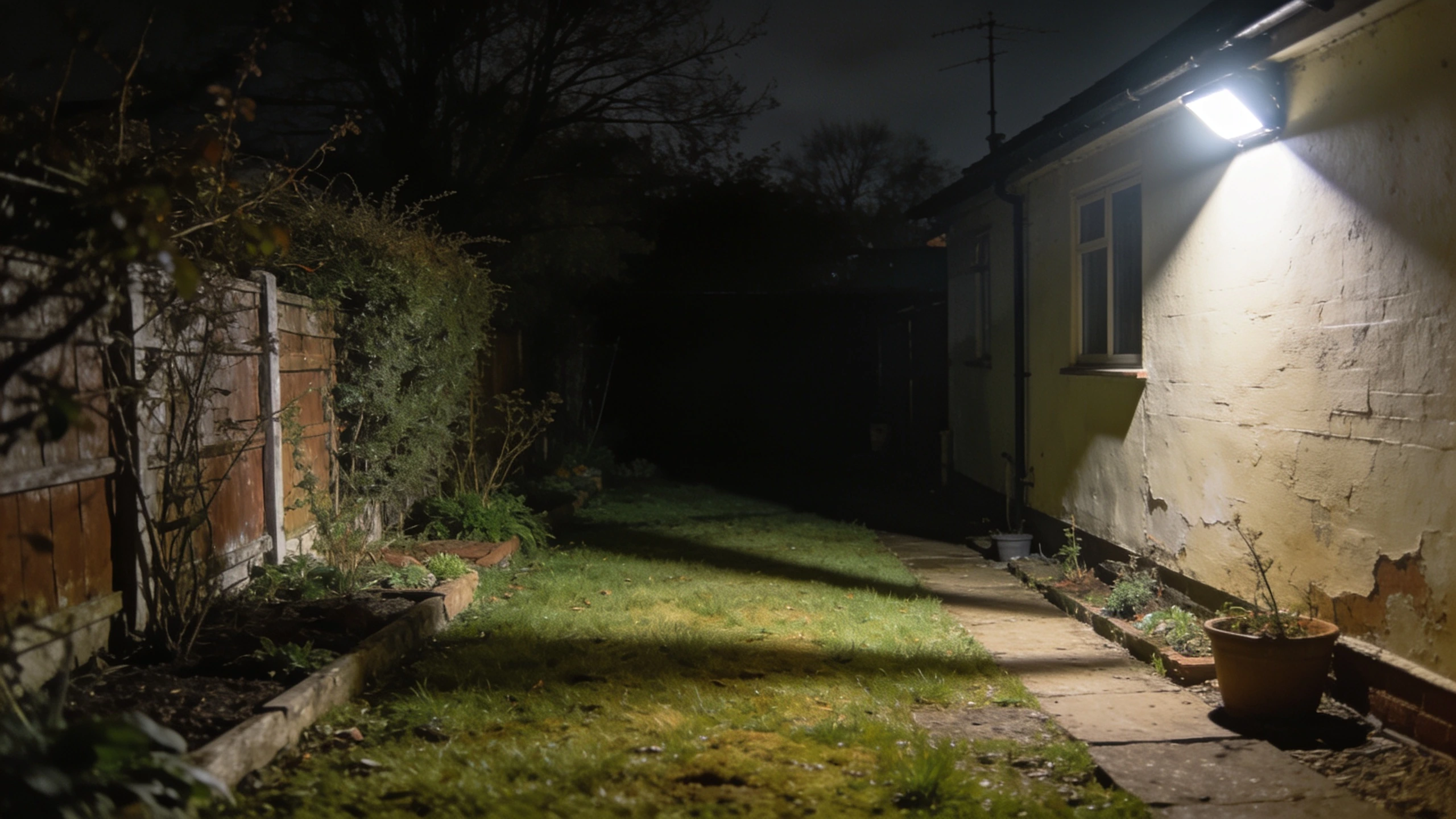 An over-lit garden with glare from a floodlight Back garden lit harshly by a bright white floodlight with hard shadows and glare