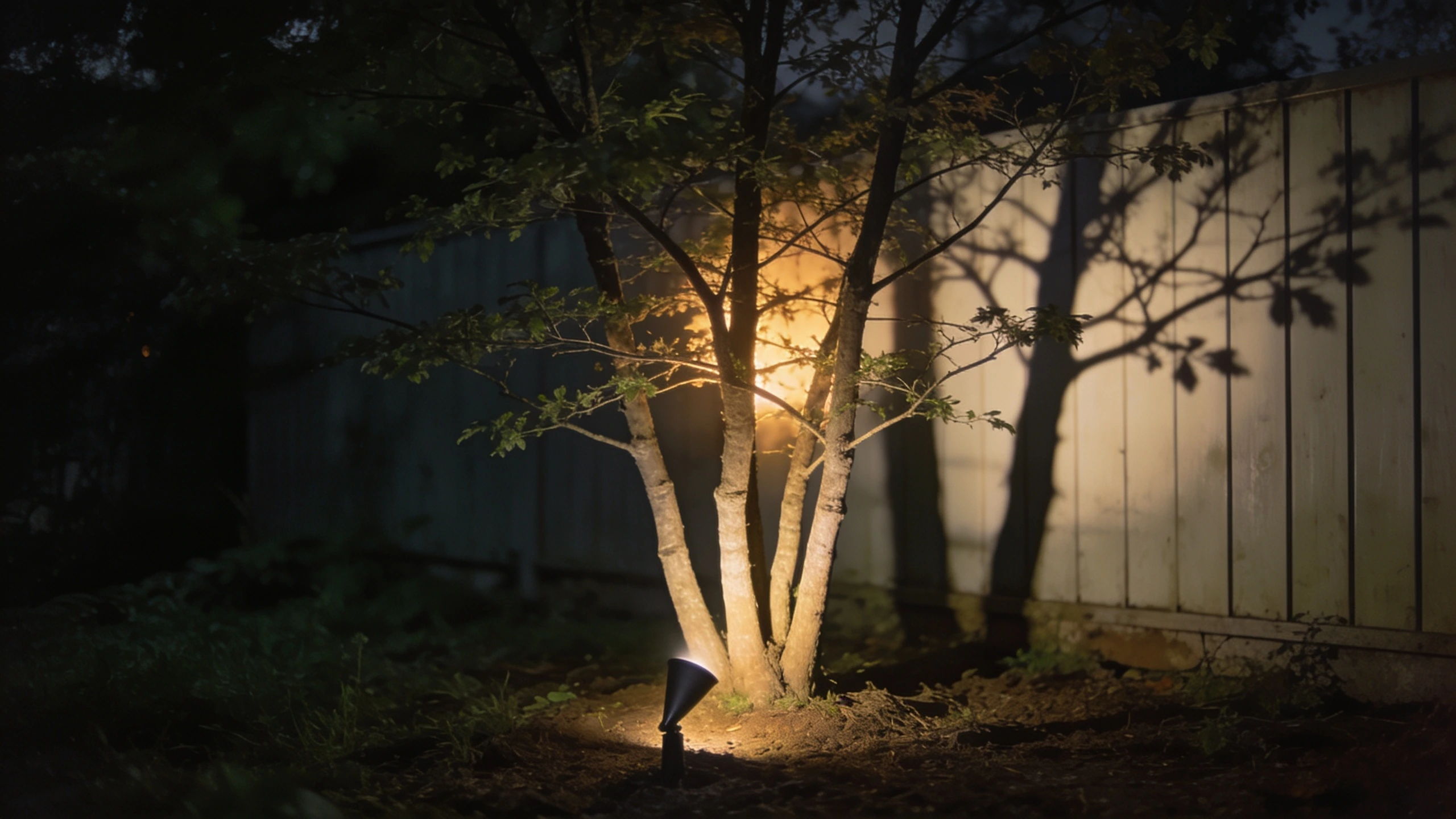 Uplighting a small tree in a garden Single spike spotlight at the base of a small tree washing light up the branches
