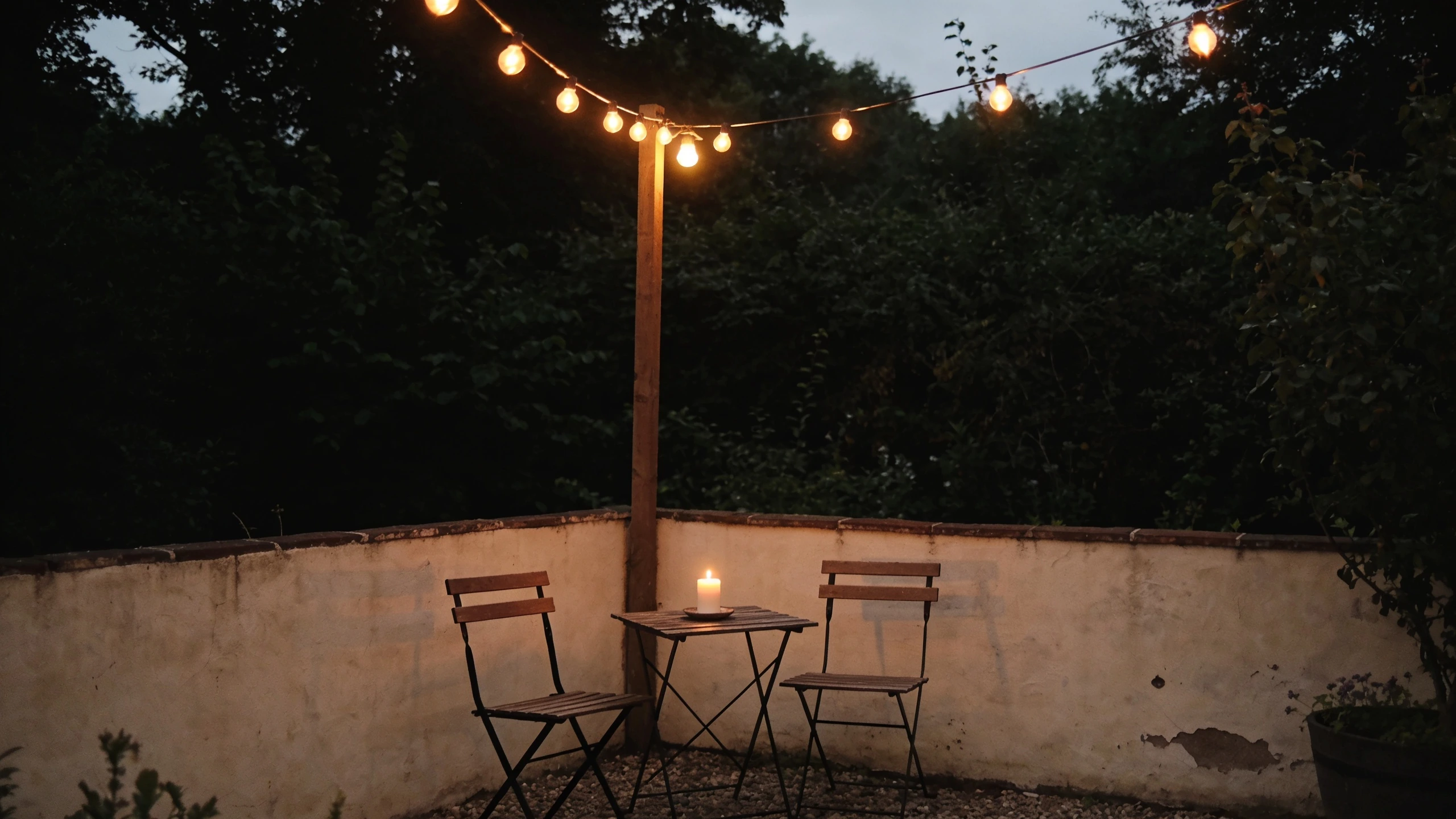 Warm lighting over a garden seating corner Two chairs and a small table lit by a single warm festoon bulb and a candle