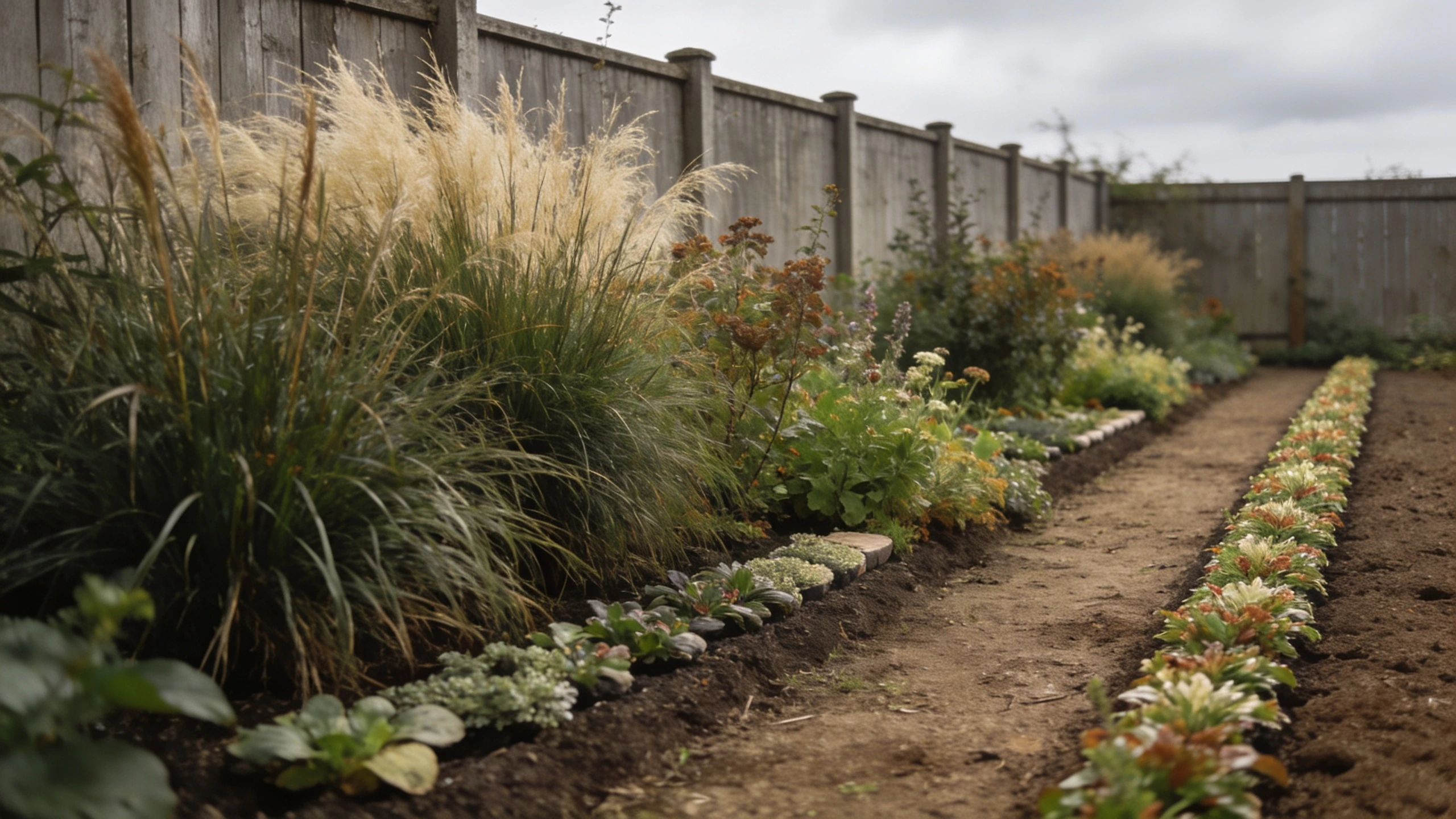 A deep border next to a thin strip, same garden Wide layered border of grasses and perennials next to a narrow single row strip along a fence