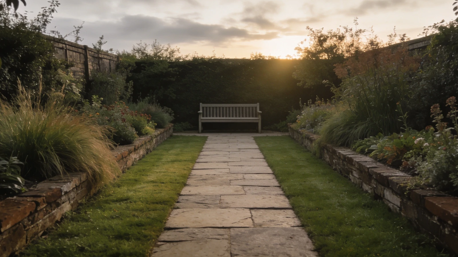 Small back garden with a deliberate rectangle of lawn, deep borders both sides and a bench