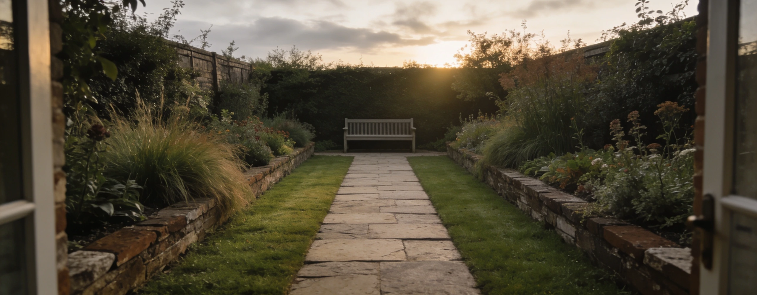 A small garden with the hard shapes resolved first Small back garden with a deliberate rectangle of lawn, deep borders both sides and a bench