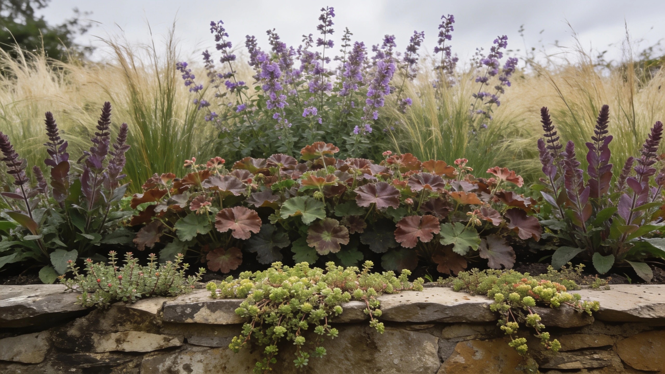 Three layers of planting, back to front Border planted in three depths with tall grasses behind, perennials in the middle and low edging in front