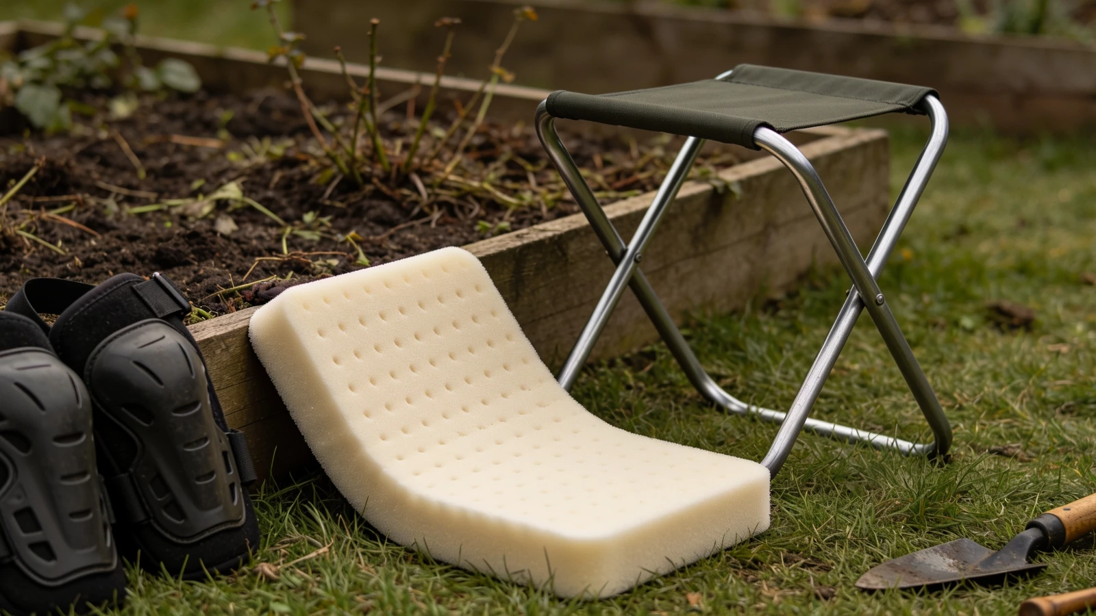 Metal frame kneeler seat, a thick foam kneeling pad and a low rolling seat