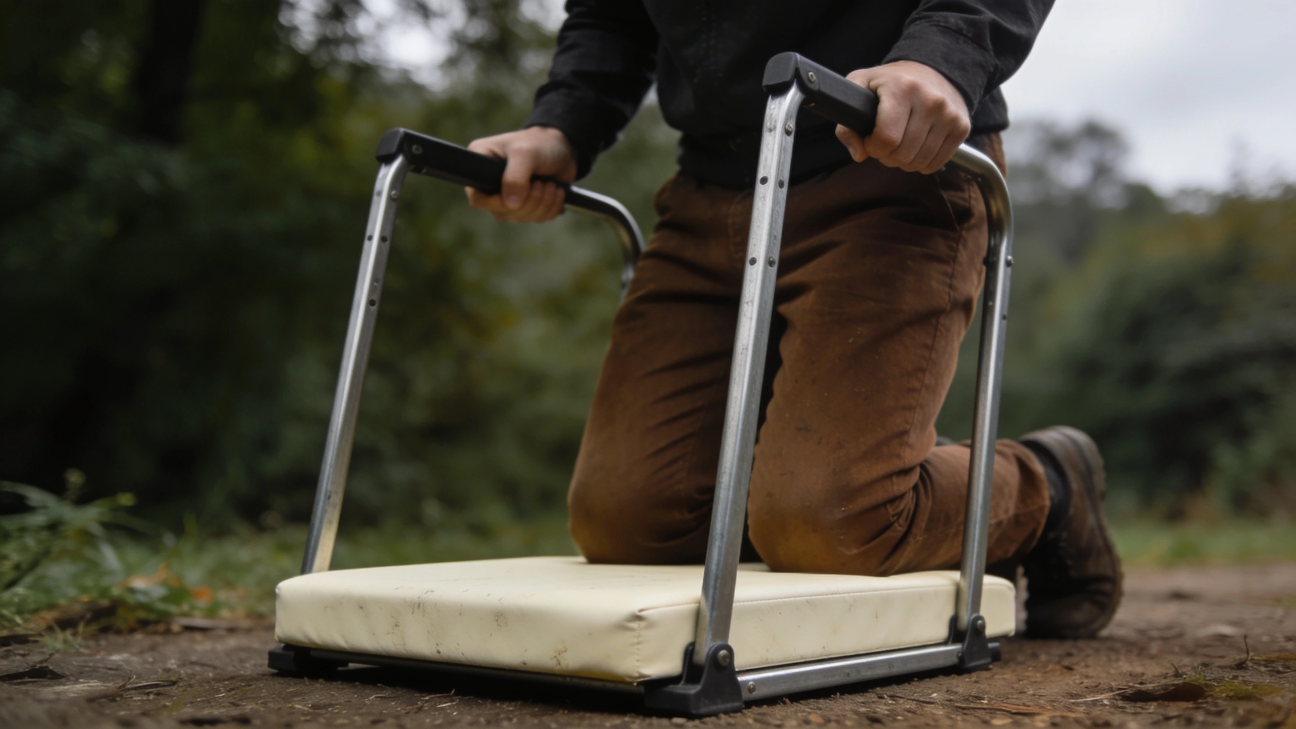 The side rails are for getting back up, not for kneeling Hands pushing down on kneeler seat side rails to stand back up