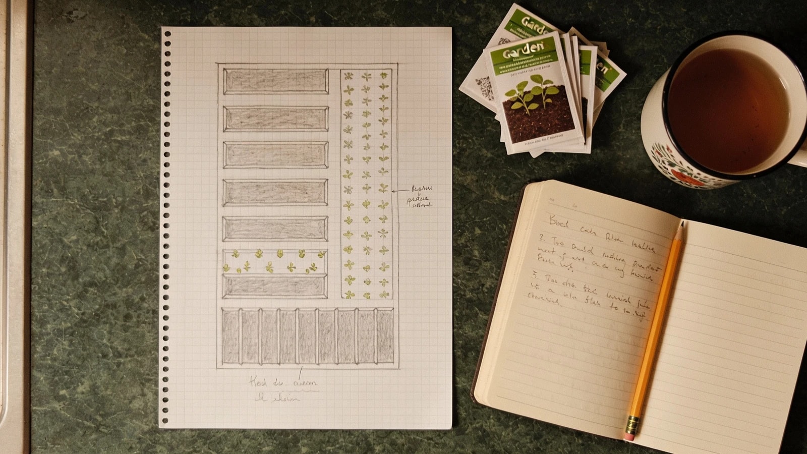 Squared paper with a pencilled bed map, an open notebook of short notes and some seed packets