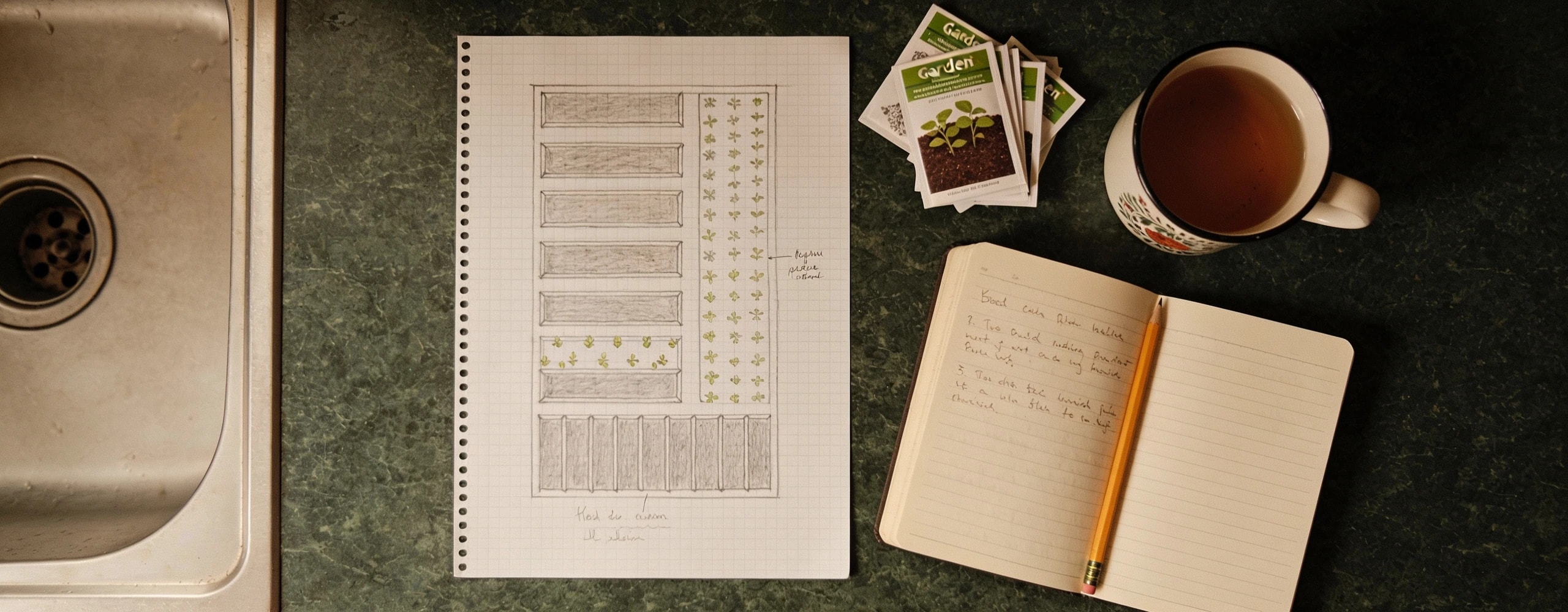 The whole planning system: squared paper and a notebook Squared paper with a pencilled bed map, an open notebook of short notes and some seed packets