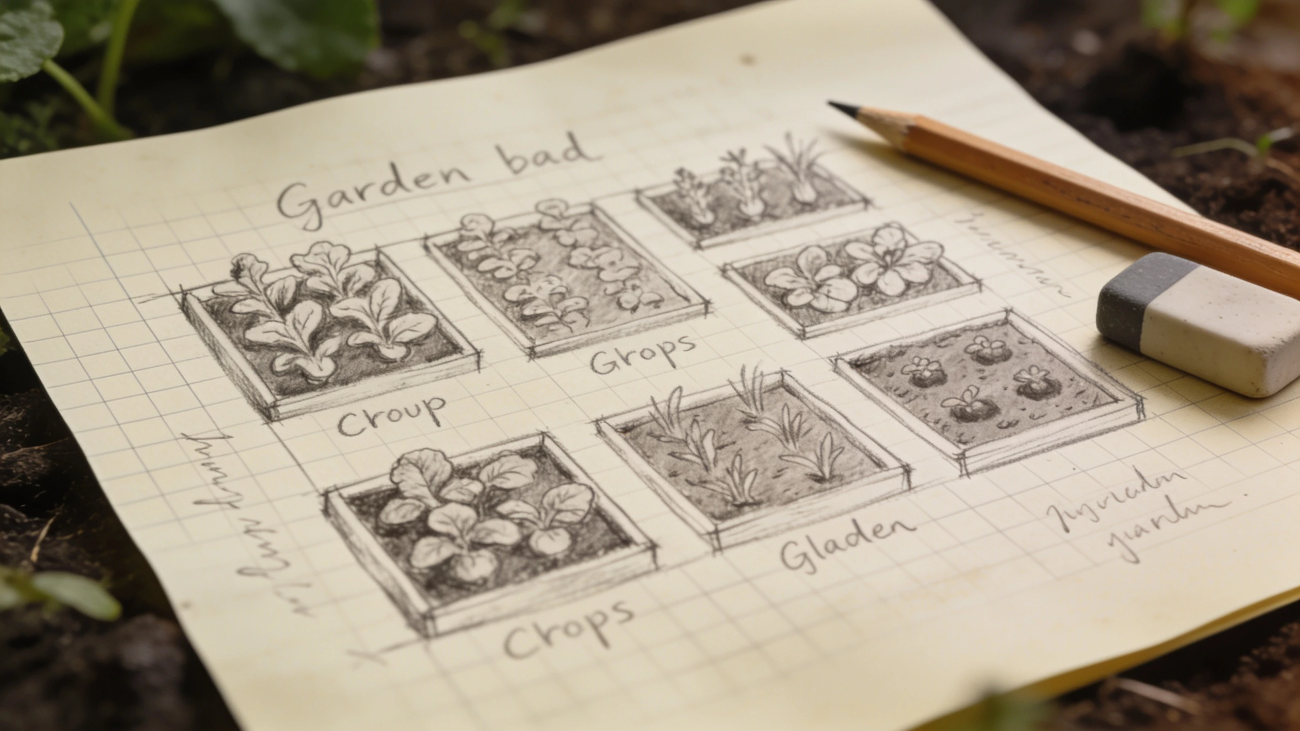 One sheet of squared paper as the bed map Hand drawn bed map on squared paper with crop names pencilled into each bed
