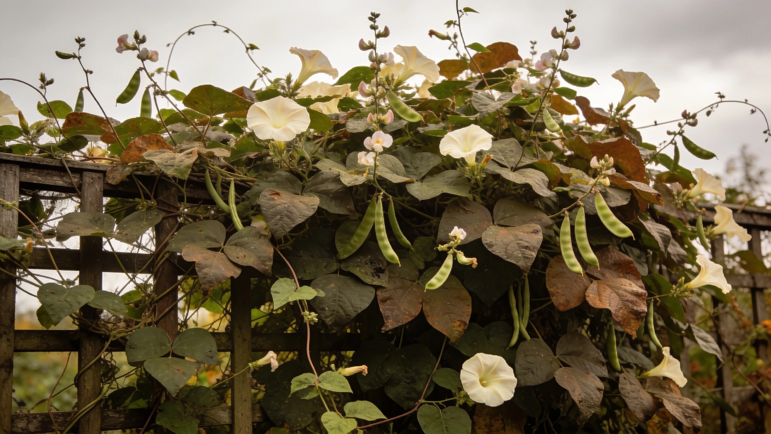 Annual climbers giving two metres of cover in one season Runner beans and morning glory covering a trellis panel densely by late summer with flowers