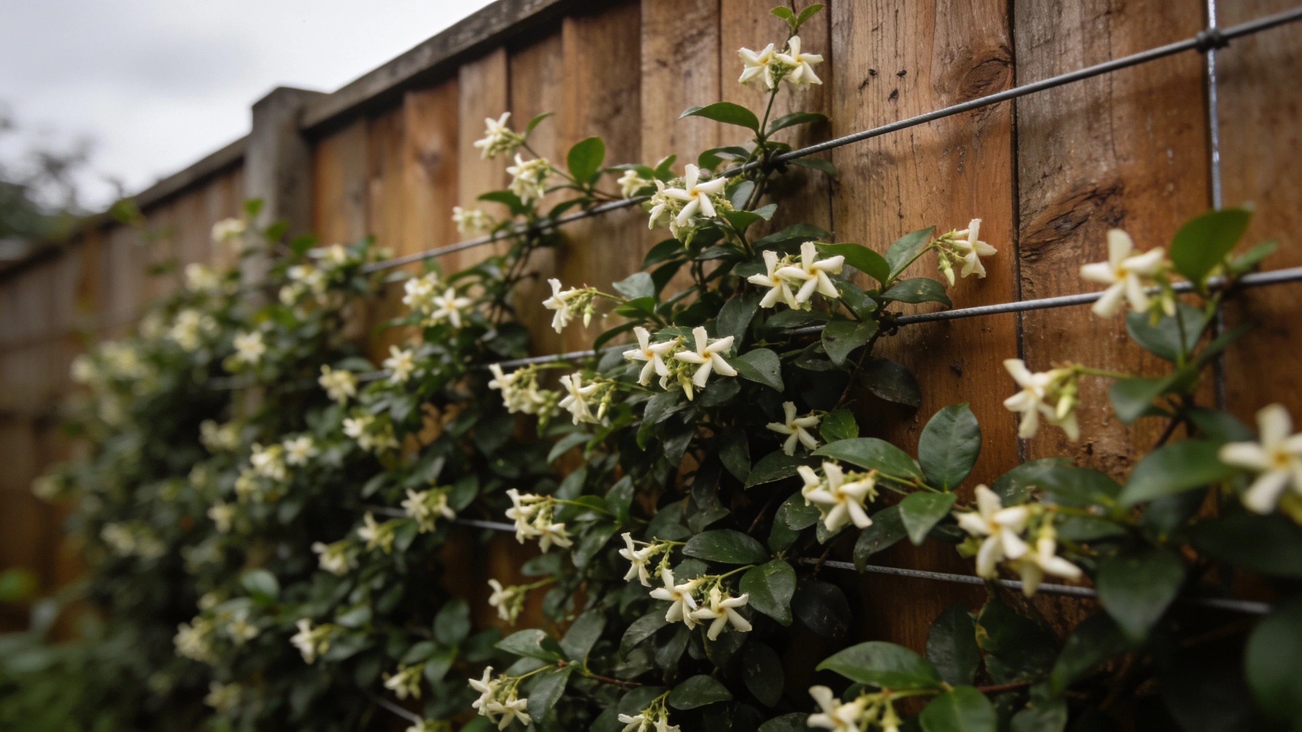 An evergreen climber on wires, using 20 cm of depth Star jasmine trained along horizontal wires held off a fence, giving dense evergreen cover