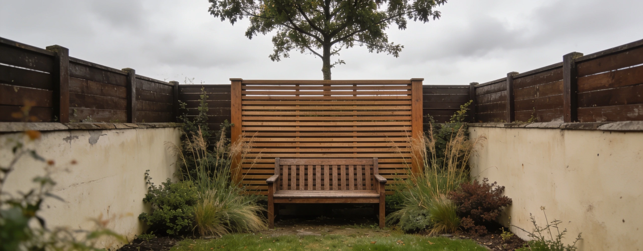 One screen on the sightline, not a taller boundary Seating area made private by a single slatted screen inside the boundary with a tree overhead