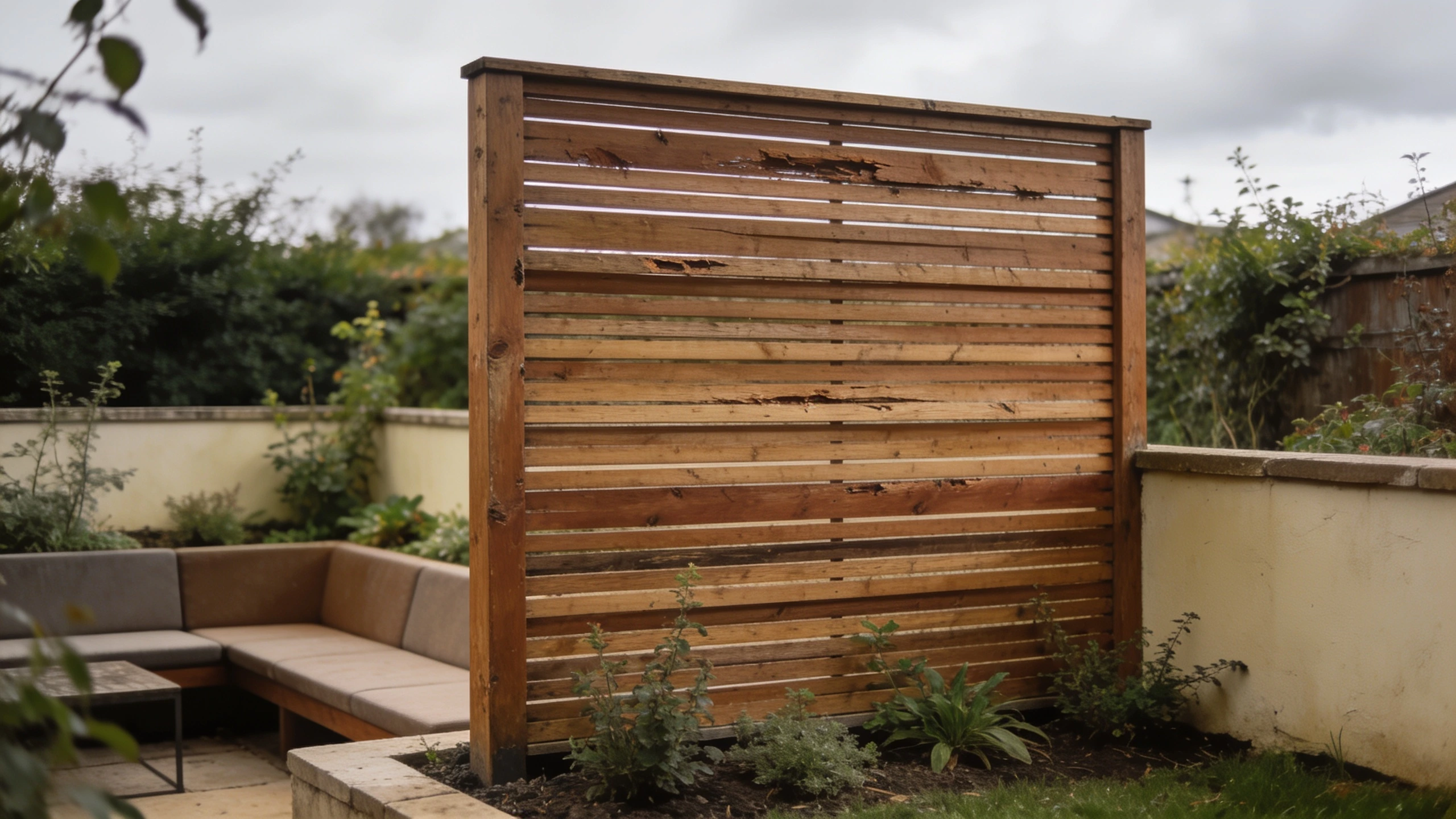 One panel, positioned on the sightline rather than at the boundary Single slatted timber screen set inside a garden boundary beside a seating area with planting