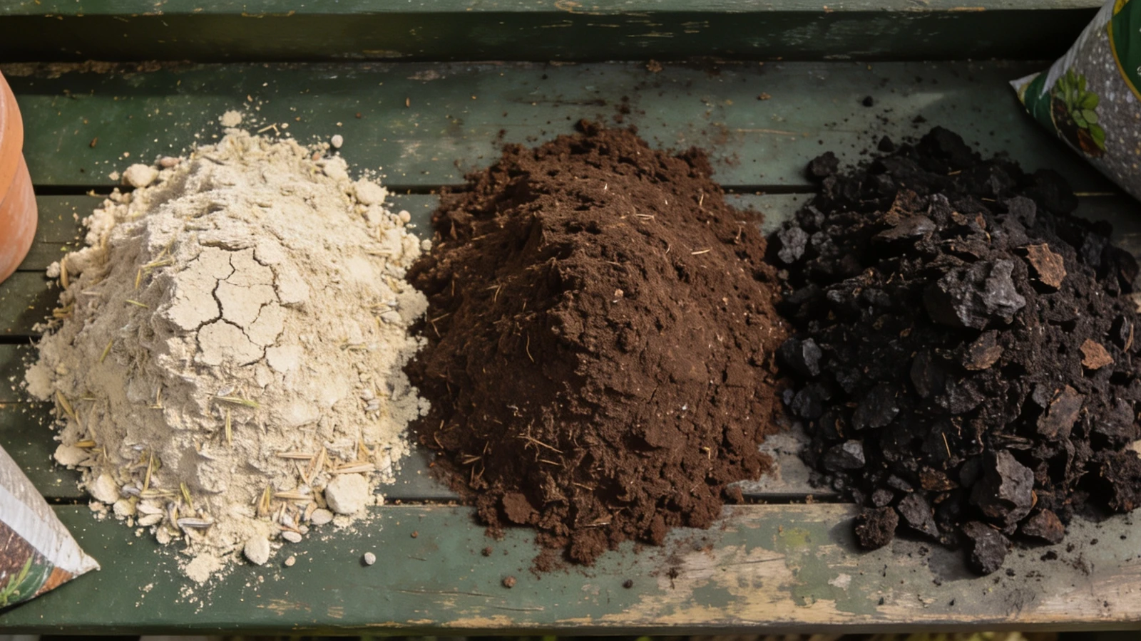 Heaps of potting compost, topsoil and garden compost side by side with grit and a pot