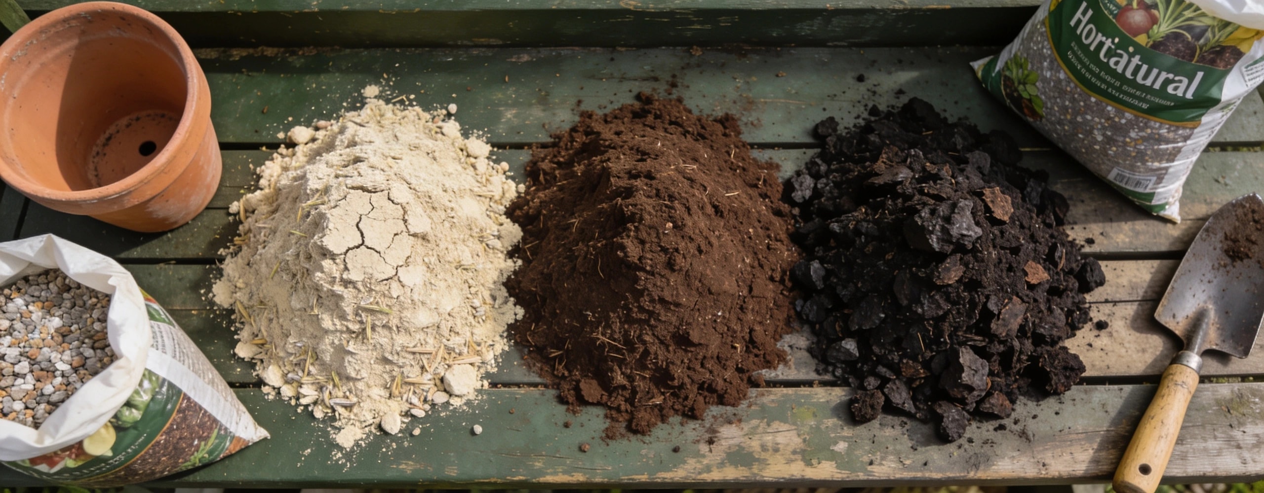 Three products that are not interchangeable Heaps of potting compost, topsoil and garden compost side by side with grit and a pot