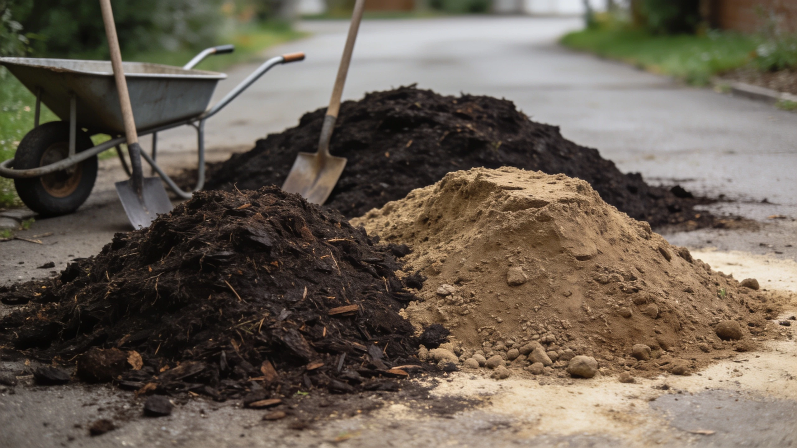 Bought loose, which is a fraction of the bagged price Heap of loose topsoil beside a heap of dark compost on a driveway with a barrow and shovel