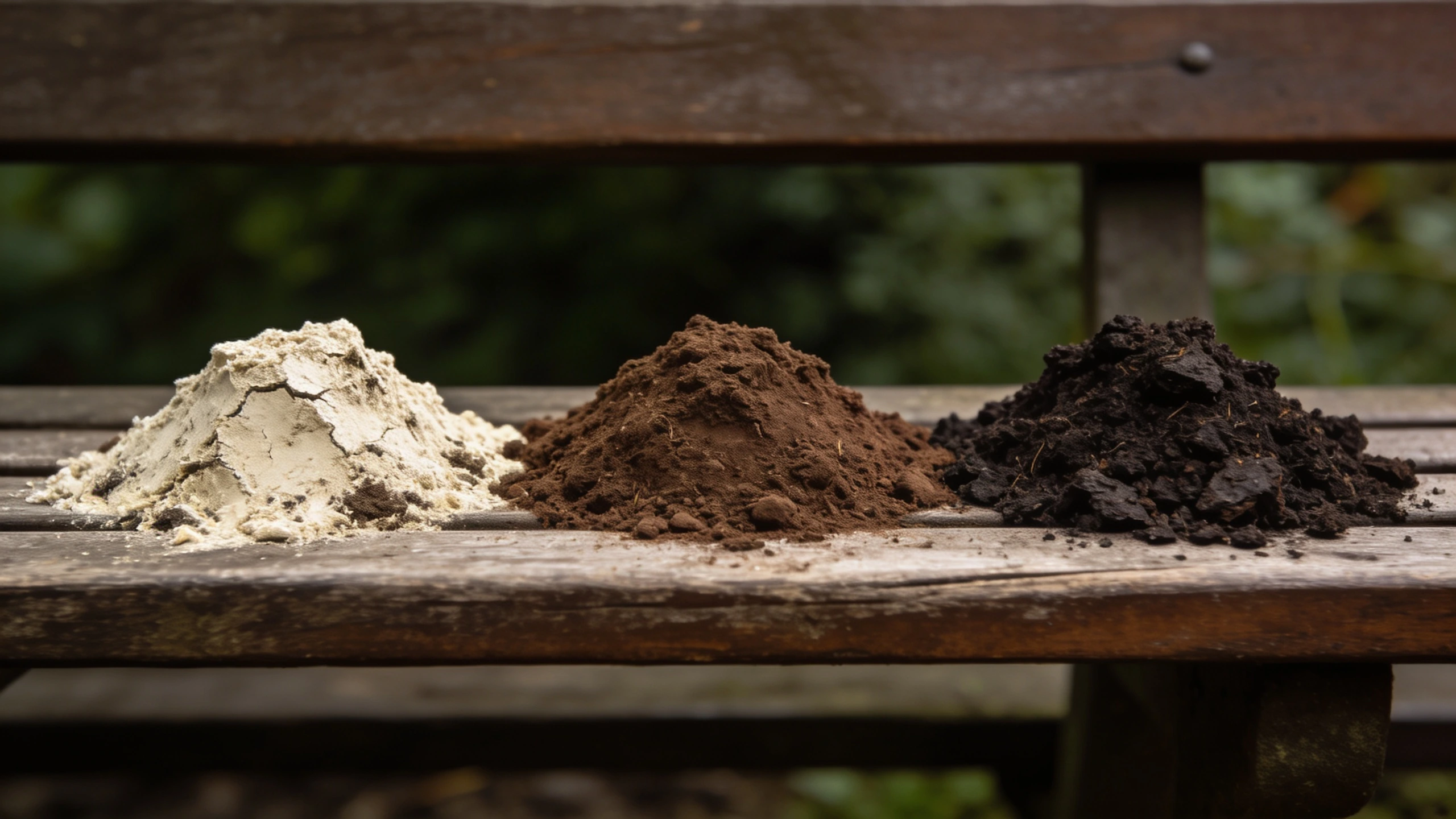 Three products that are not interchangeable Three heaps side by side: light open potting compost, dense brown topsoil and dark crumbly garden compost