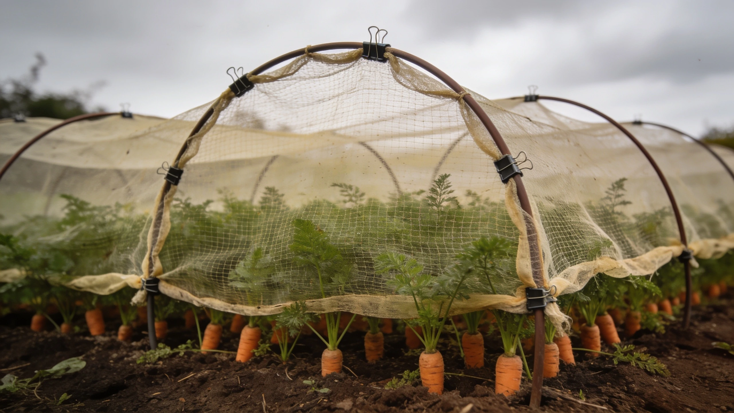 Fine insect mesh clipped over hoops on a bed Fine white insect mesh stretched over hoops and clipped to a bed's sides