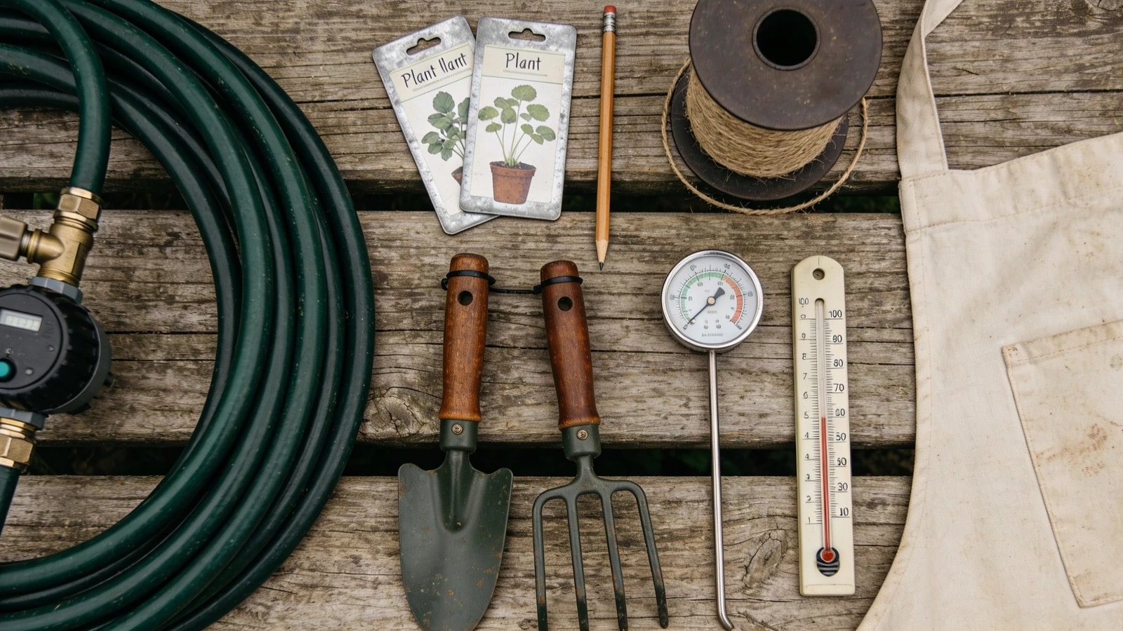 Soaker hose, tap timer, zinc labels, jute twine and a soil thermometer on timber