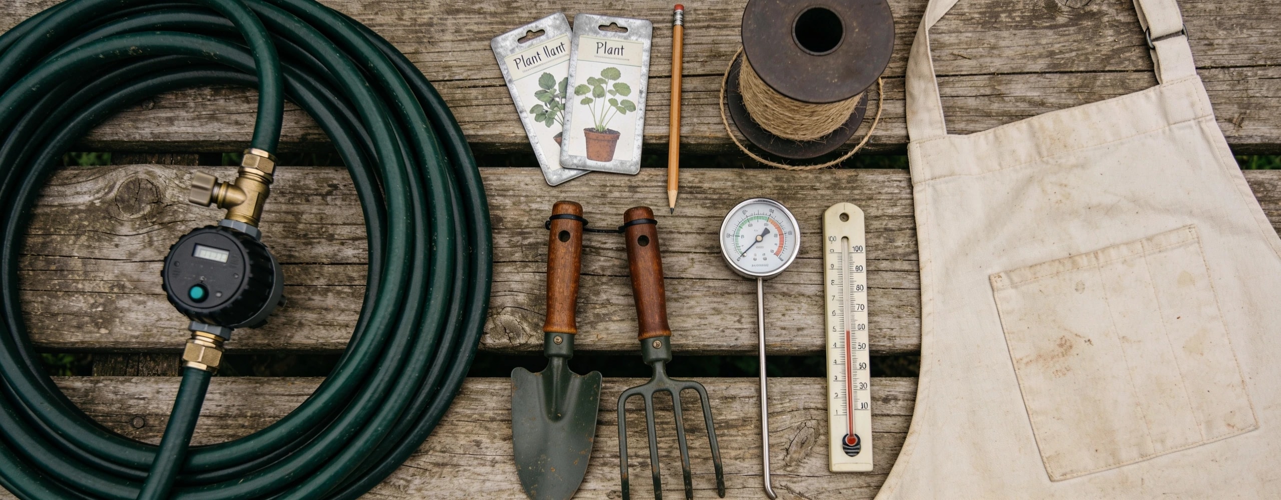 Soaker hose, tap timer, zinc labels, jute twine and a soil thermometer on timber