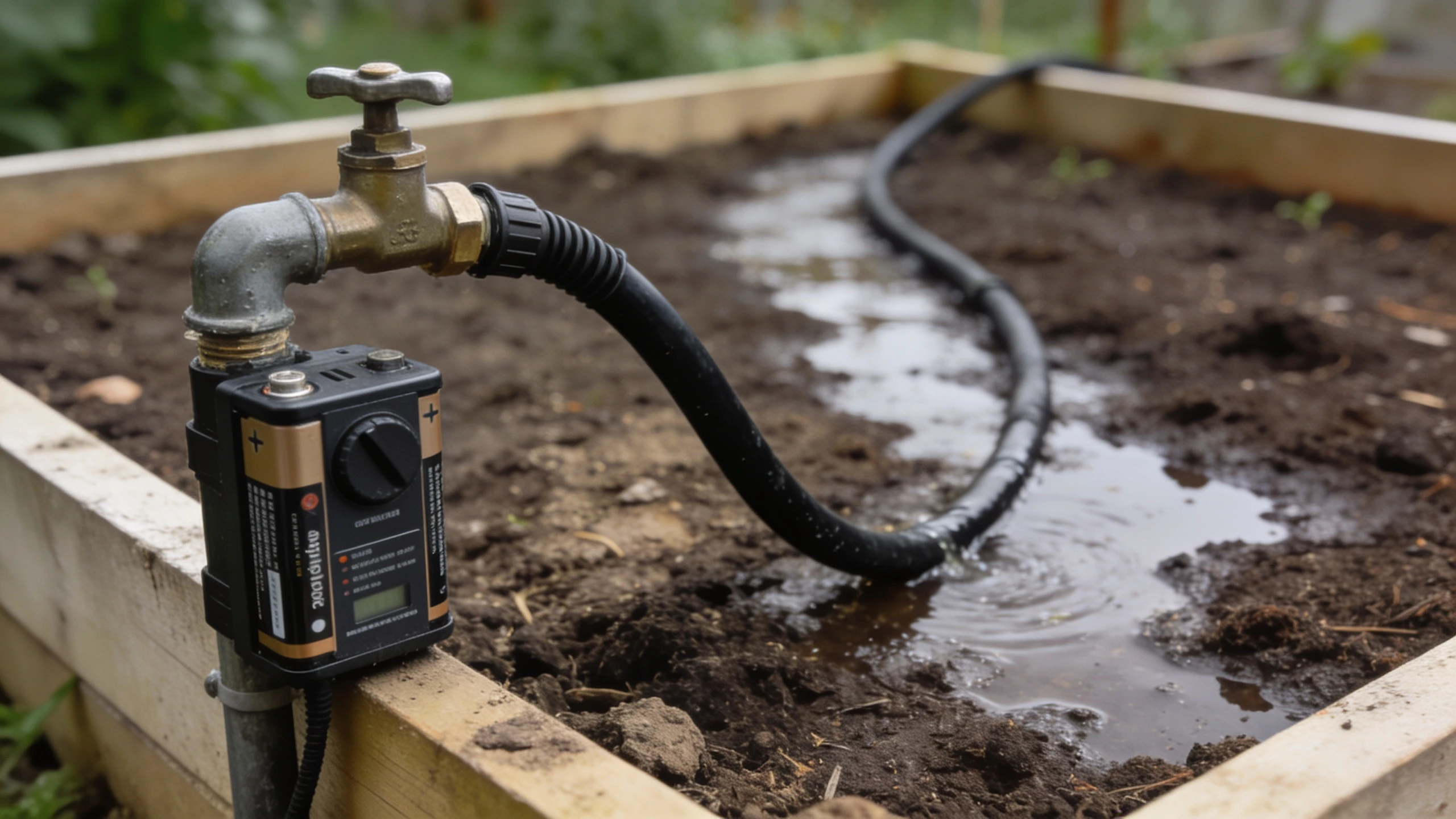 A soaker hose and tap timer running along a bed Porous soaker hose threaded between plants with a battery tap timer at the tap