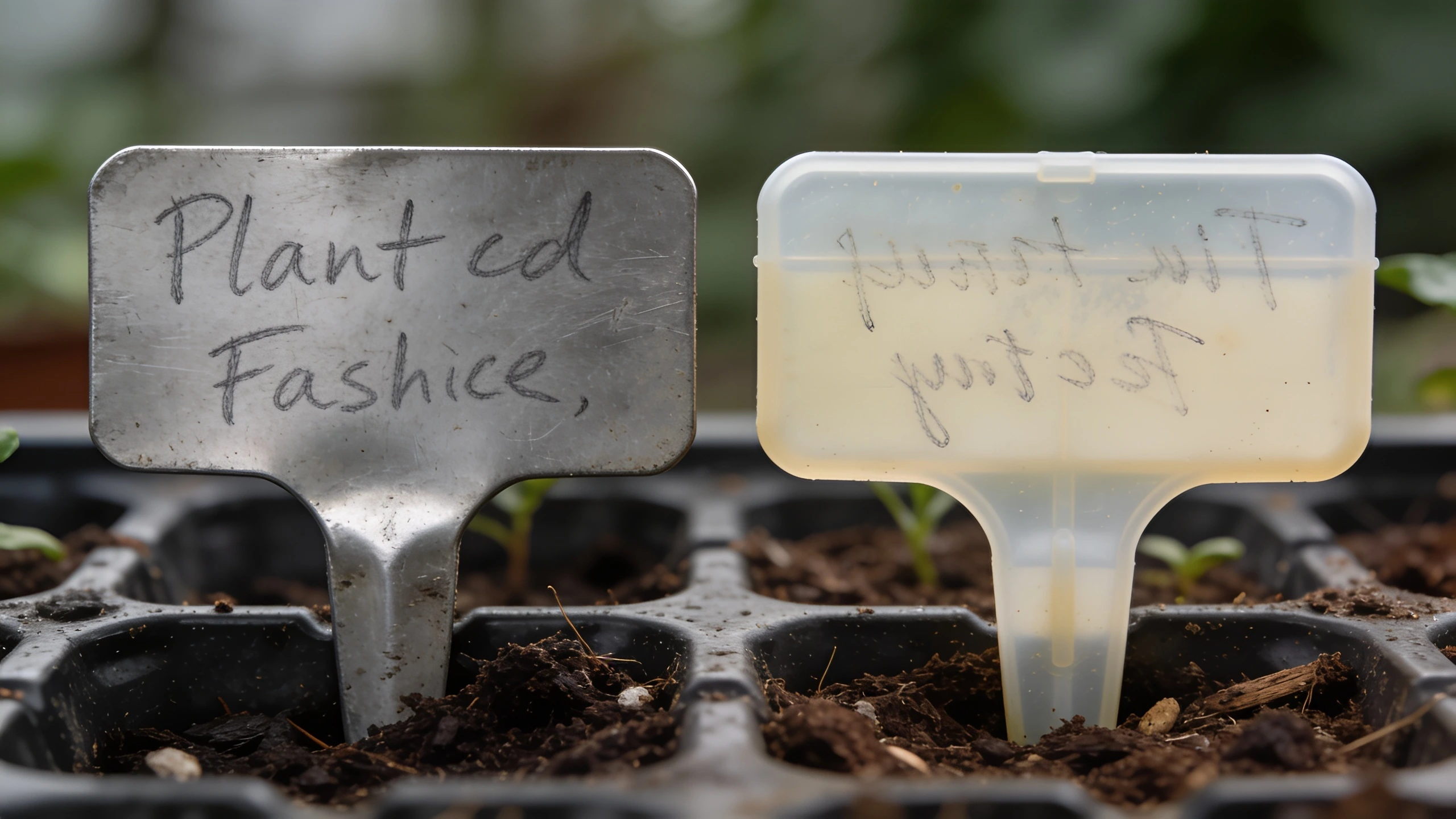 A zinc label beside a marker pen label that has faded Zinc label with legible pencil writing beside a plastic label faded blank