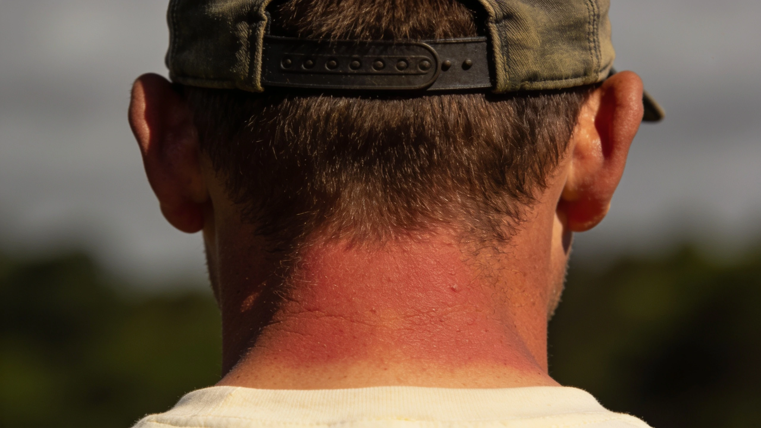 A baseball cap leaves the ears and neck exposed Baseball cap leaving the ears and back of the neck unshaded and sunburnt