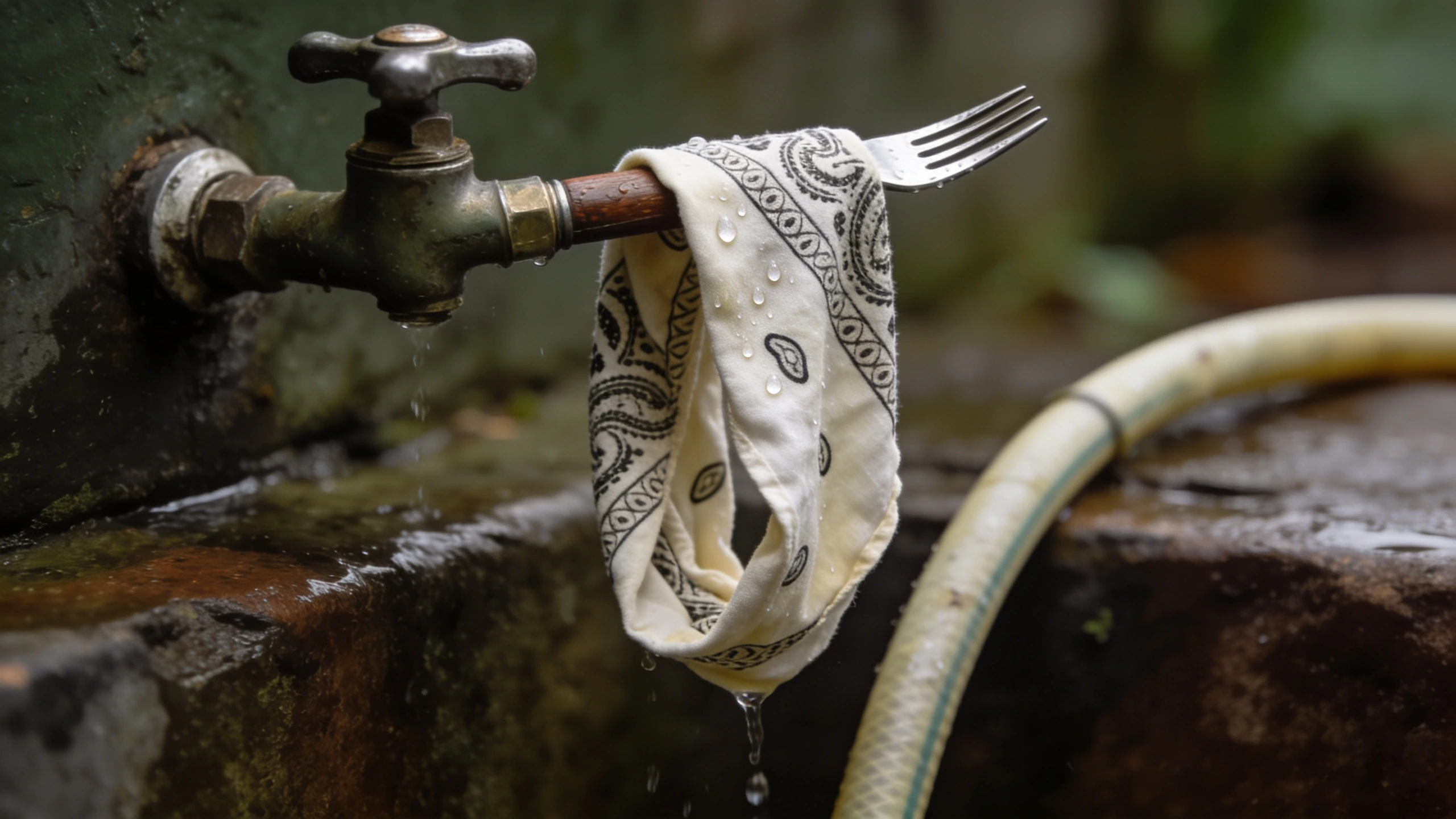 A damp neck gaiter used for cooling Damp cotton bandana hanging over a fork handle beside a running garden tap