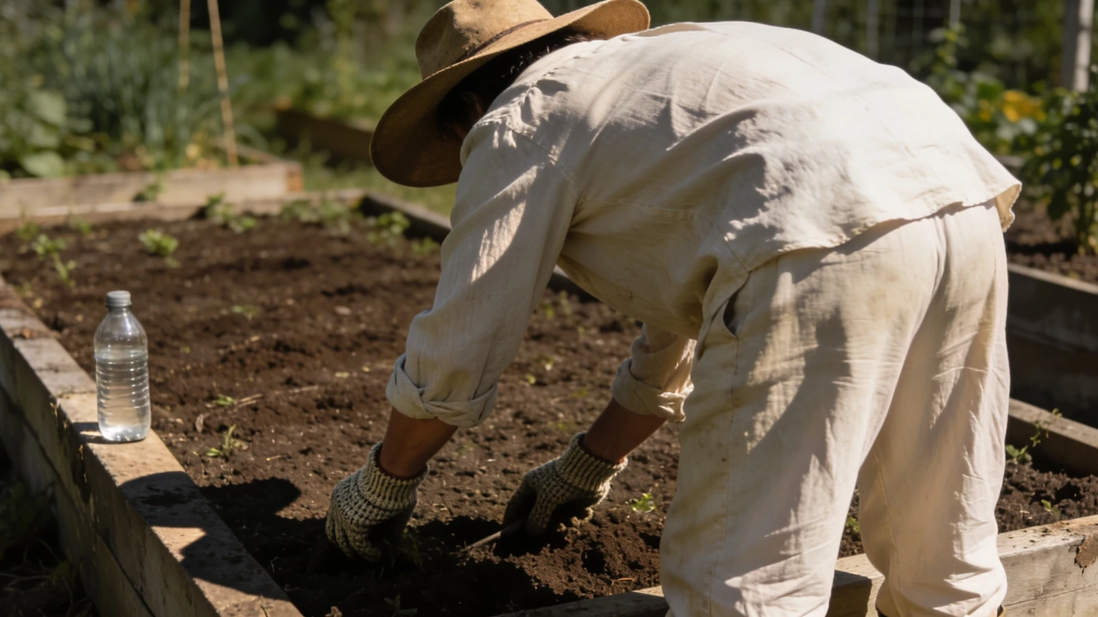 Gardener in a loose long-sleeved shirt, wide-brim hat and gloves working a bed in strong sun