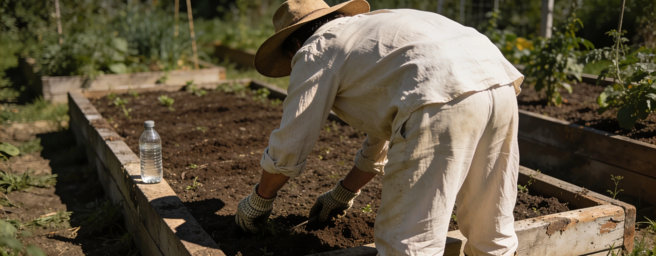 Gardener in a loose long-sleeved shirt, wide-brim hat and gloves working a bed in strong sun