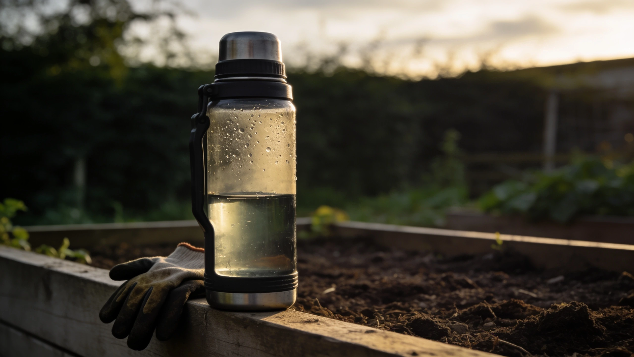 An insulated water bottle in the garden Large insulated water bottle with condensation standing on a raised bed edge in sun