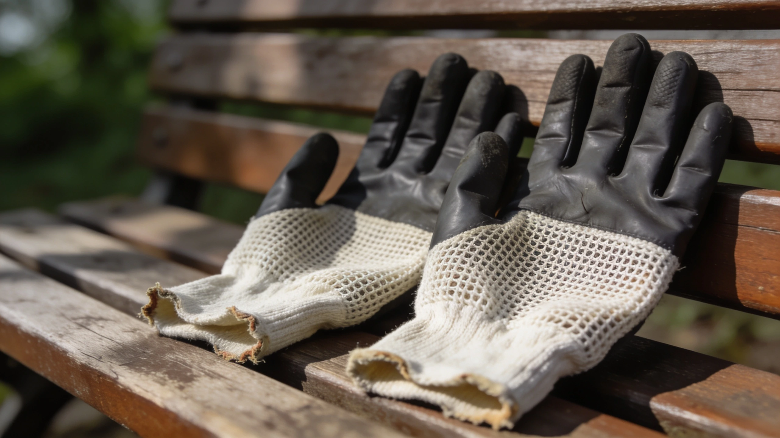 Knitted-back gloves for hot weather Gloves with nitrile palms and knitted fabric backs laid on a sunlit bench