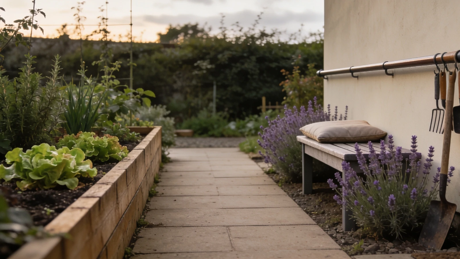 Waist height raised bed, wide level paving, a bench among lavender and tools on a rail