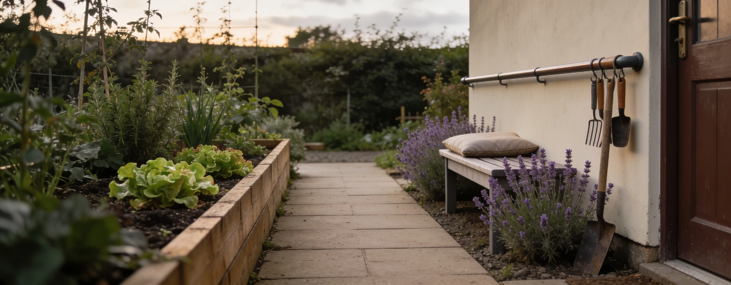 A garden designed to be easy to reach and easy to leave alone Waist height raised bed, wide level paving, a bench among lavender and tools on a rail
