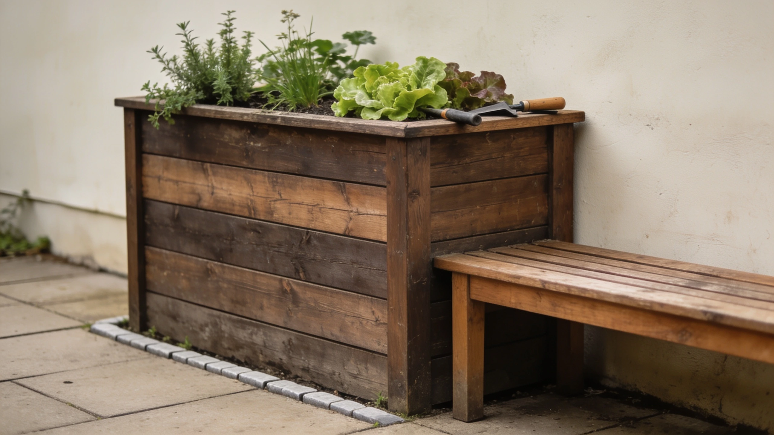 A waist-height bed with somewhere to sit beside it Waist height raised bed of herbs with a bench and firm level path beside it