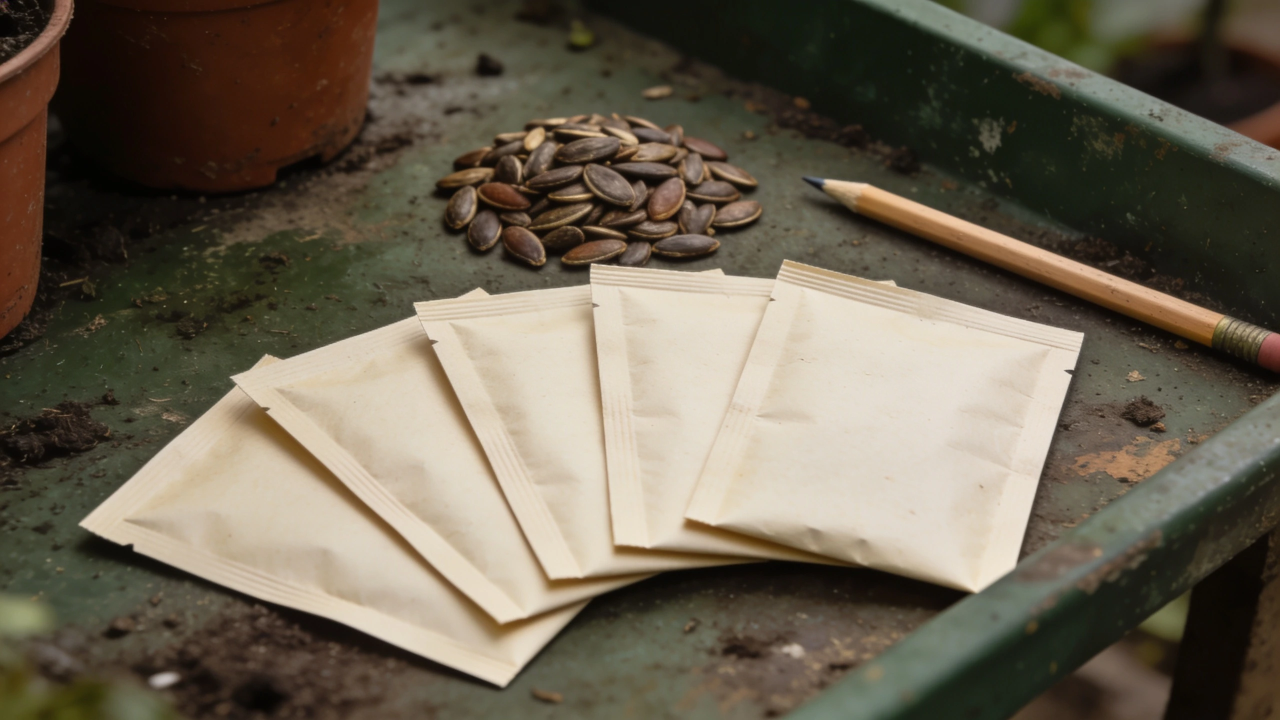 Seeds chosen for speed, not for interest Five plain seed packets of radish, lettuce, beans, chard and nasturtium