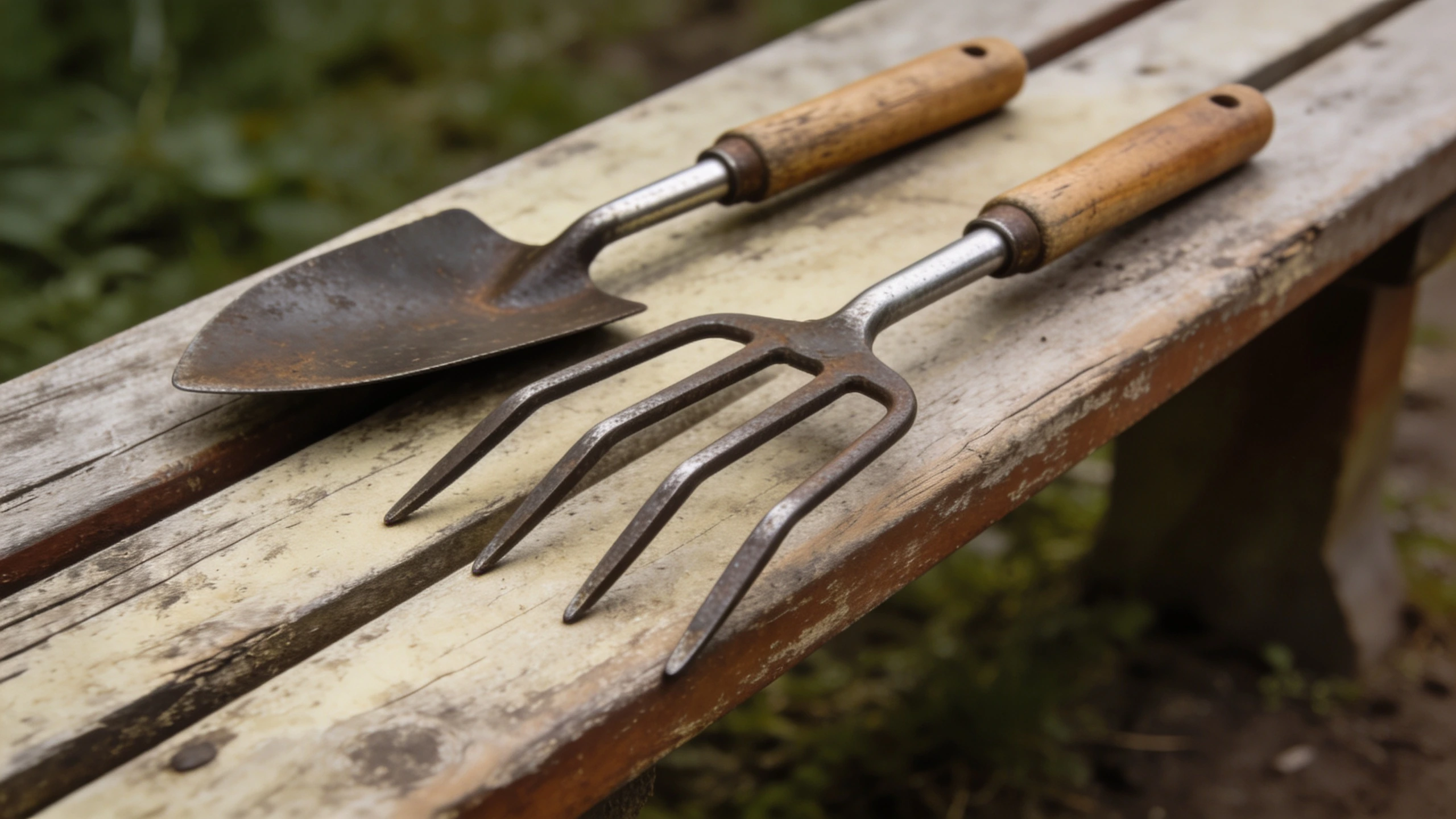 A forged trowel and hand fork, the pair worth giving One piece forged steel trowel and hand fork tied with jute twine
