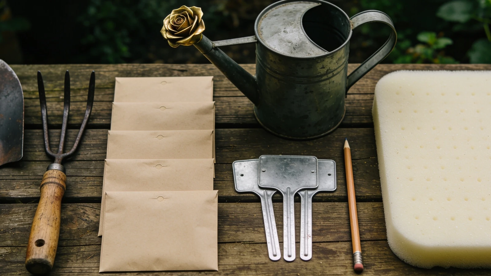 Forged trowel and hand fork, a large planter, seed packets and zinc labels