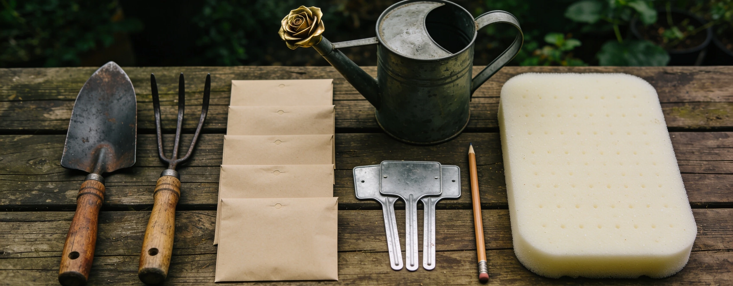 Forged trowel and hand fork, a large planter, seed packets and zinc labels
