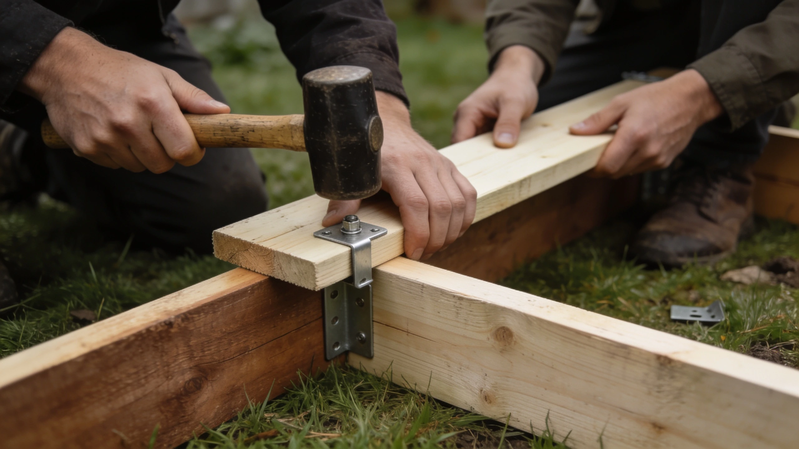 An afternoon of help, which costs nothing Two people screwing together the corner of a timber raised bed on a lawn