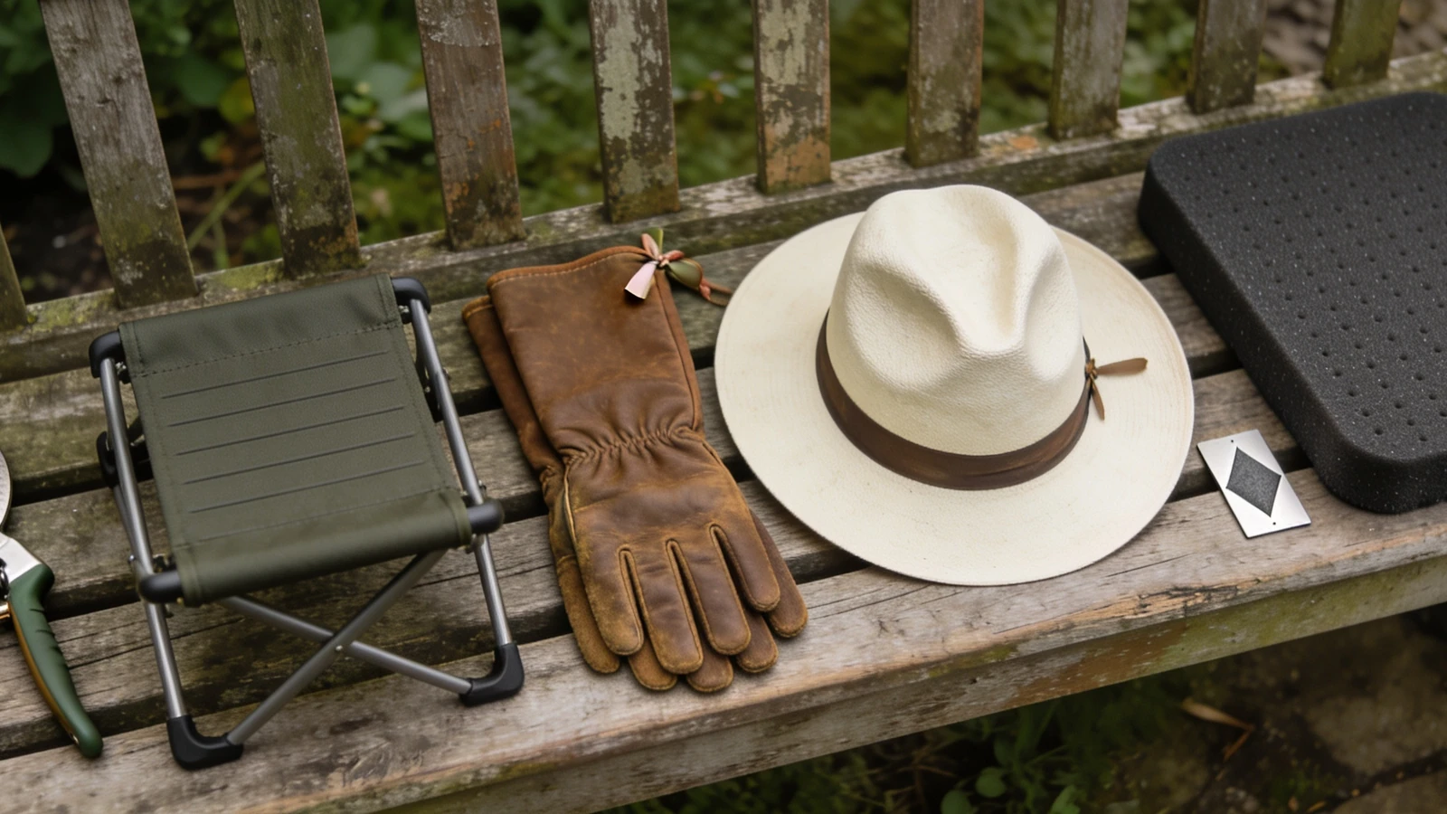 Secateurs, kneeler-seat, gauntlet gloves, hat and sharpening card on timber