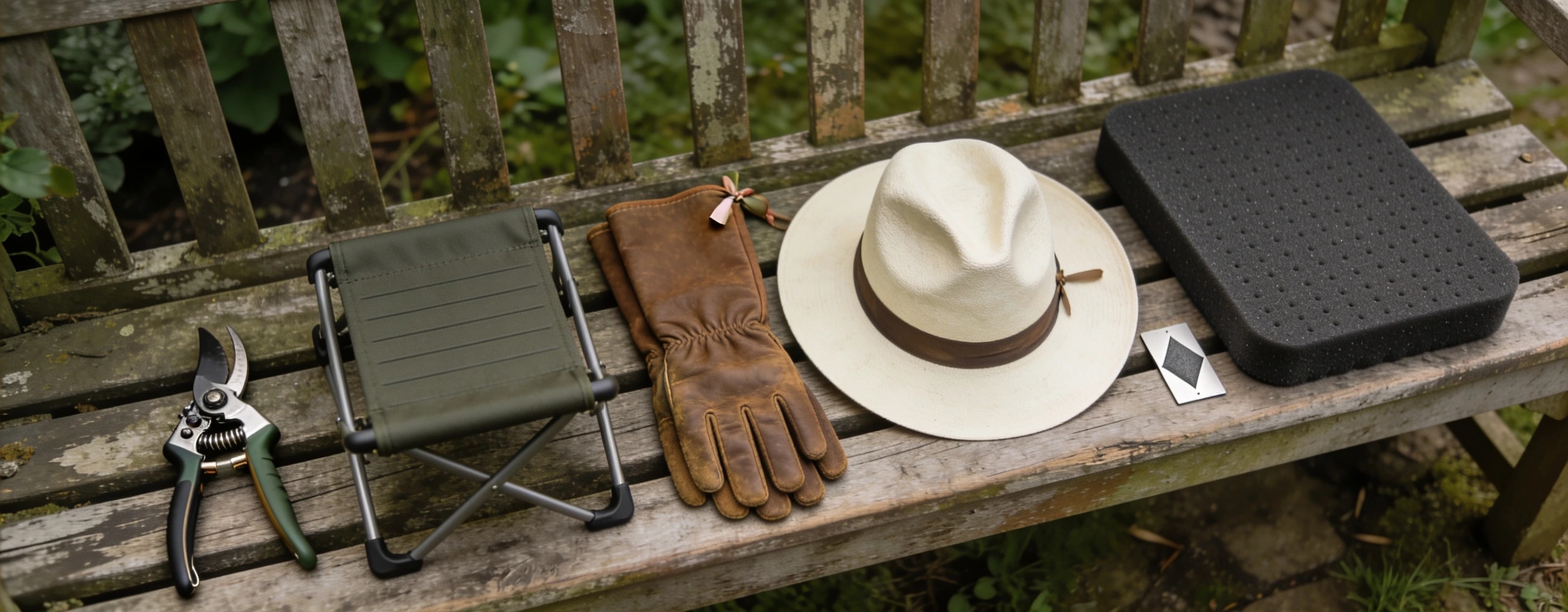 Secateurs, kneeler-seat, gauntlet gloves, hat and sharpening card on timber