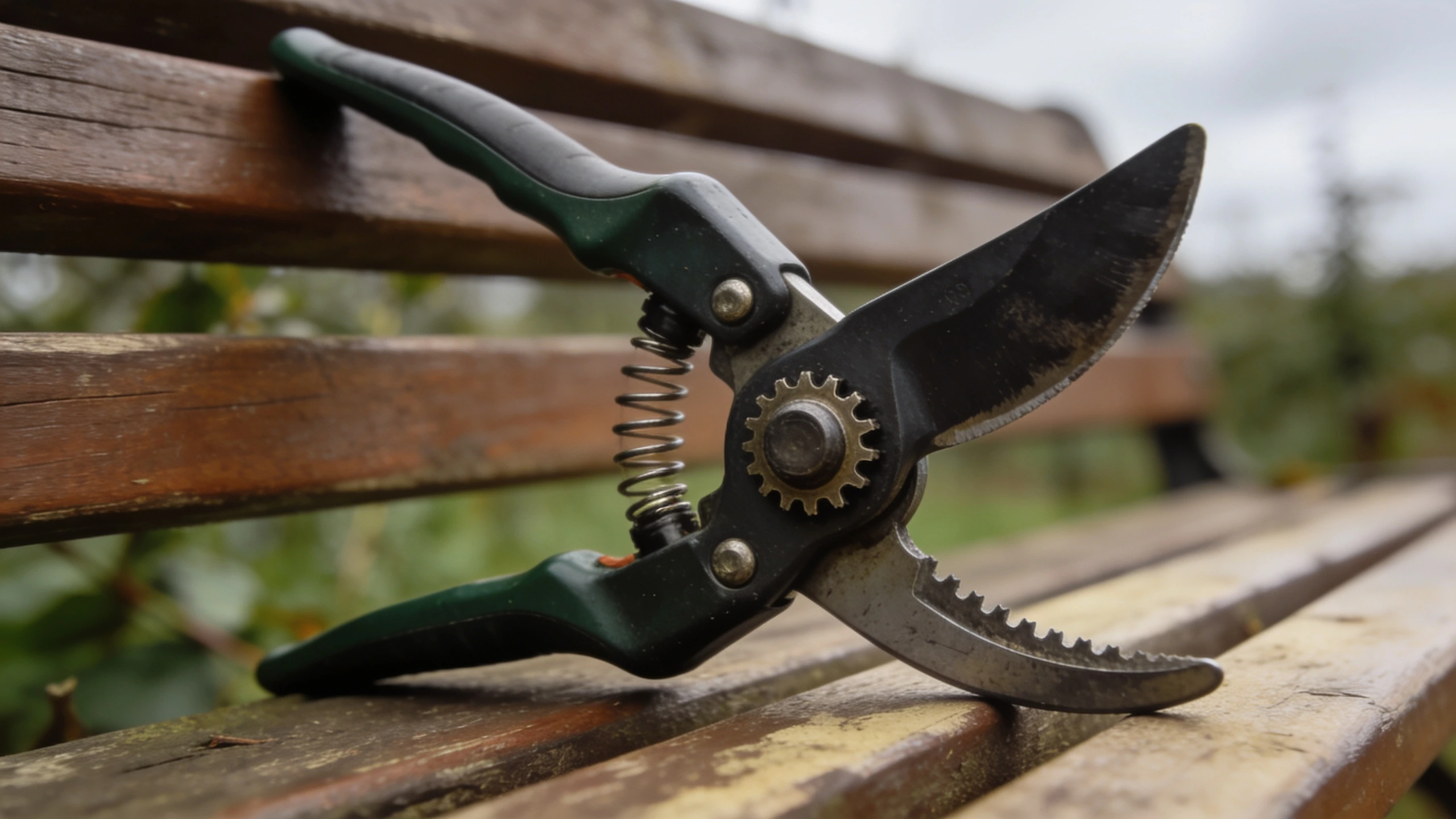 Geared bypass secateurs as a gift Geared bypass secateurs open on a bench with the gear mechanism visible at the pivot
