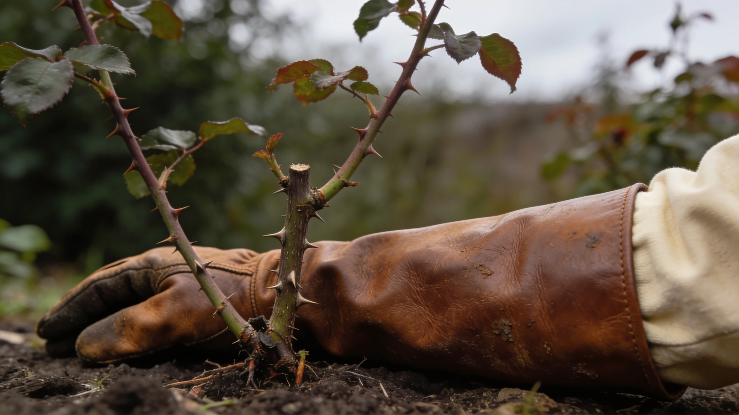 Long leather gauntlet gloves for pruning roses Long leather gauntlet gloves reaching mid-forearm beside a thorny rose stem