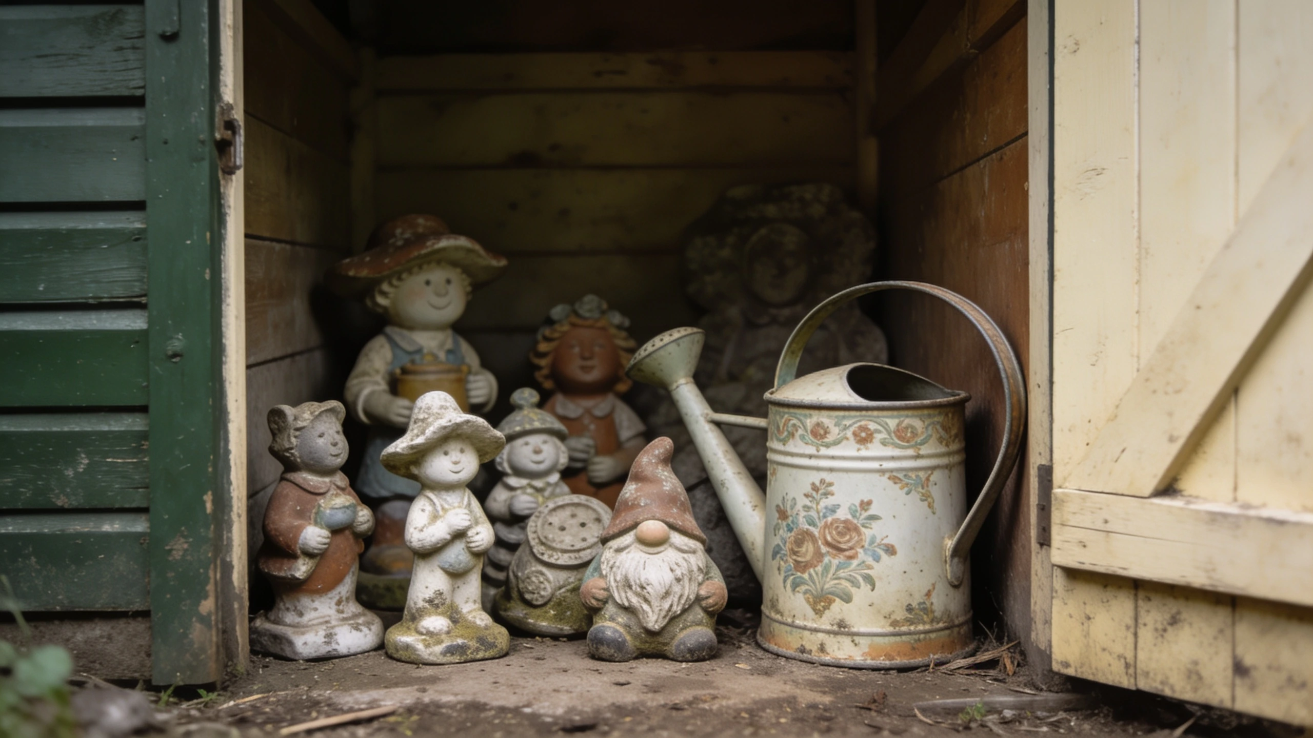 Novelty garden ornaments to avoid as gifts Dusty novelty garden ornaments and a decorative watering can in a shed corner