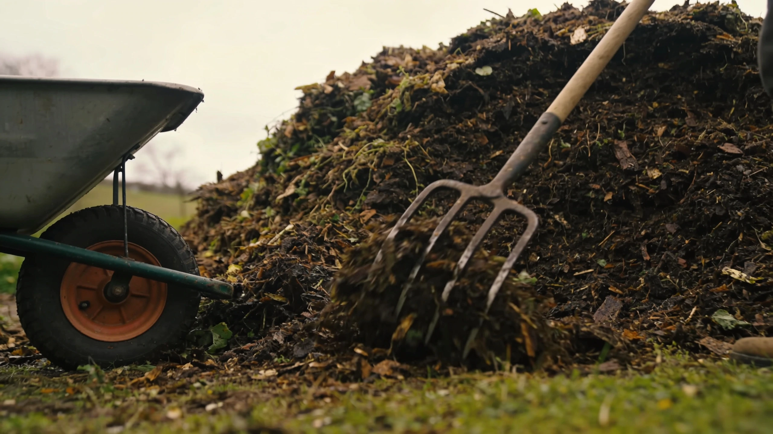 Turning a compost heap as a gift of labour Garden fork mid-turn in a large compost heap with a wheelbarrow alongside