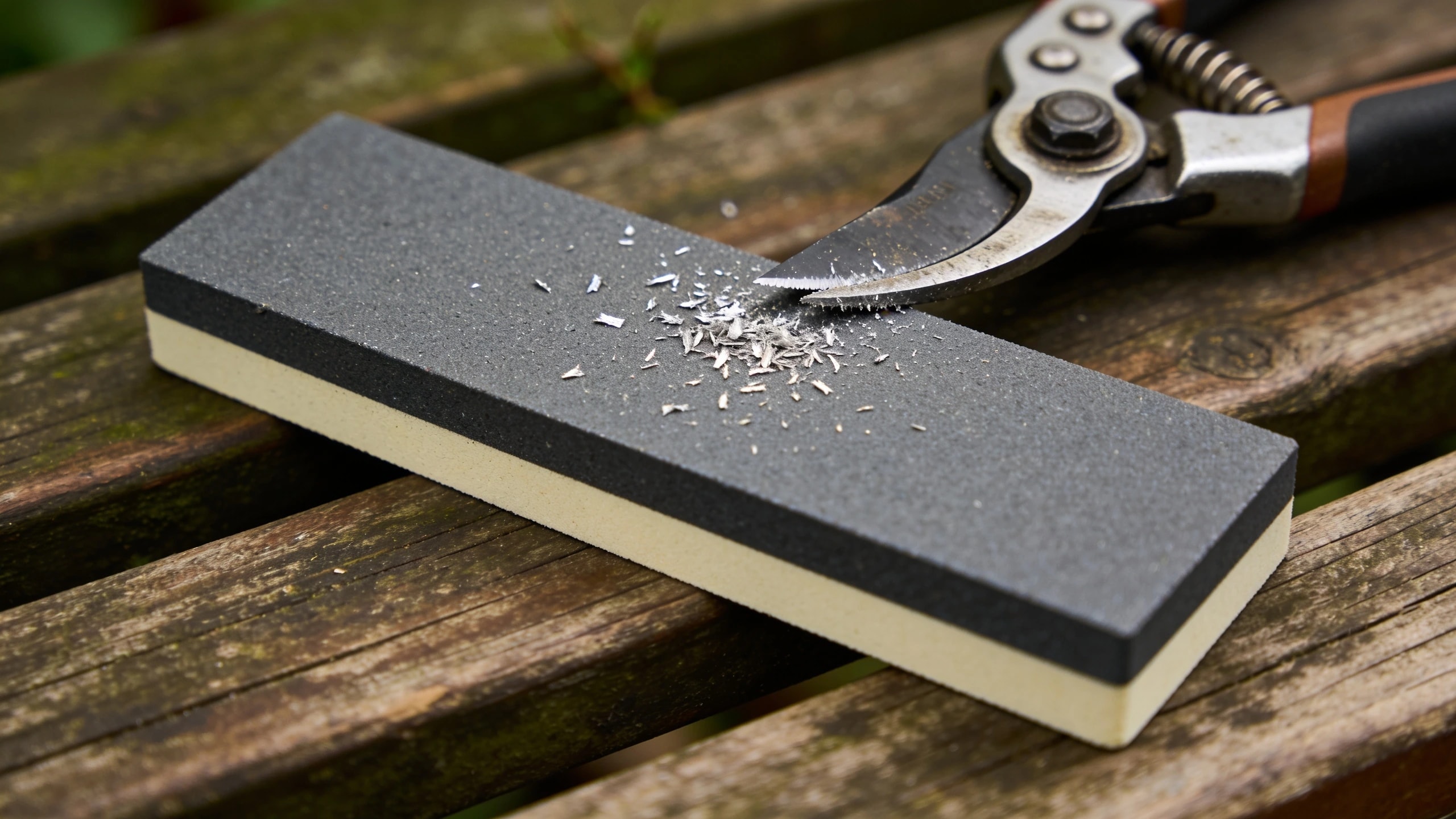 A diamond sharpening card, the best gift on the page Credit card sized diamond sharpening plate beside secateurs with a fresh bevel