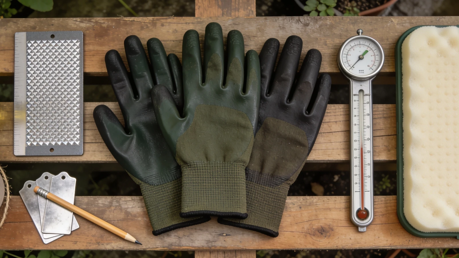 Diamond sharpening card, jute twine dispenser, nitrile gloves and a soil thermometer