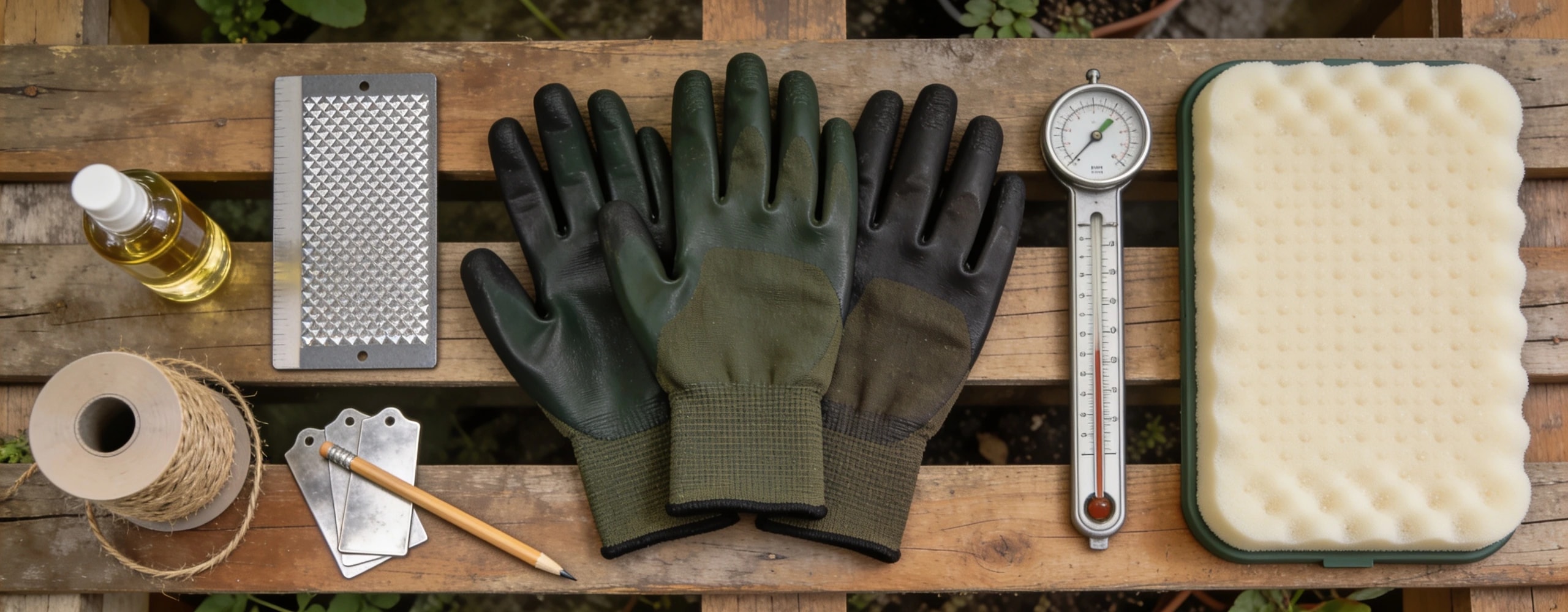 Diamond sharpening card, jute twine dispenser, nitrile gloves and a soil thermometer