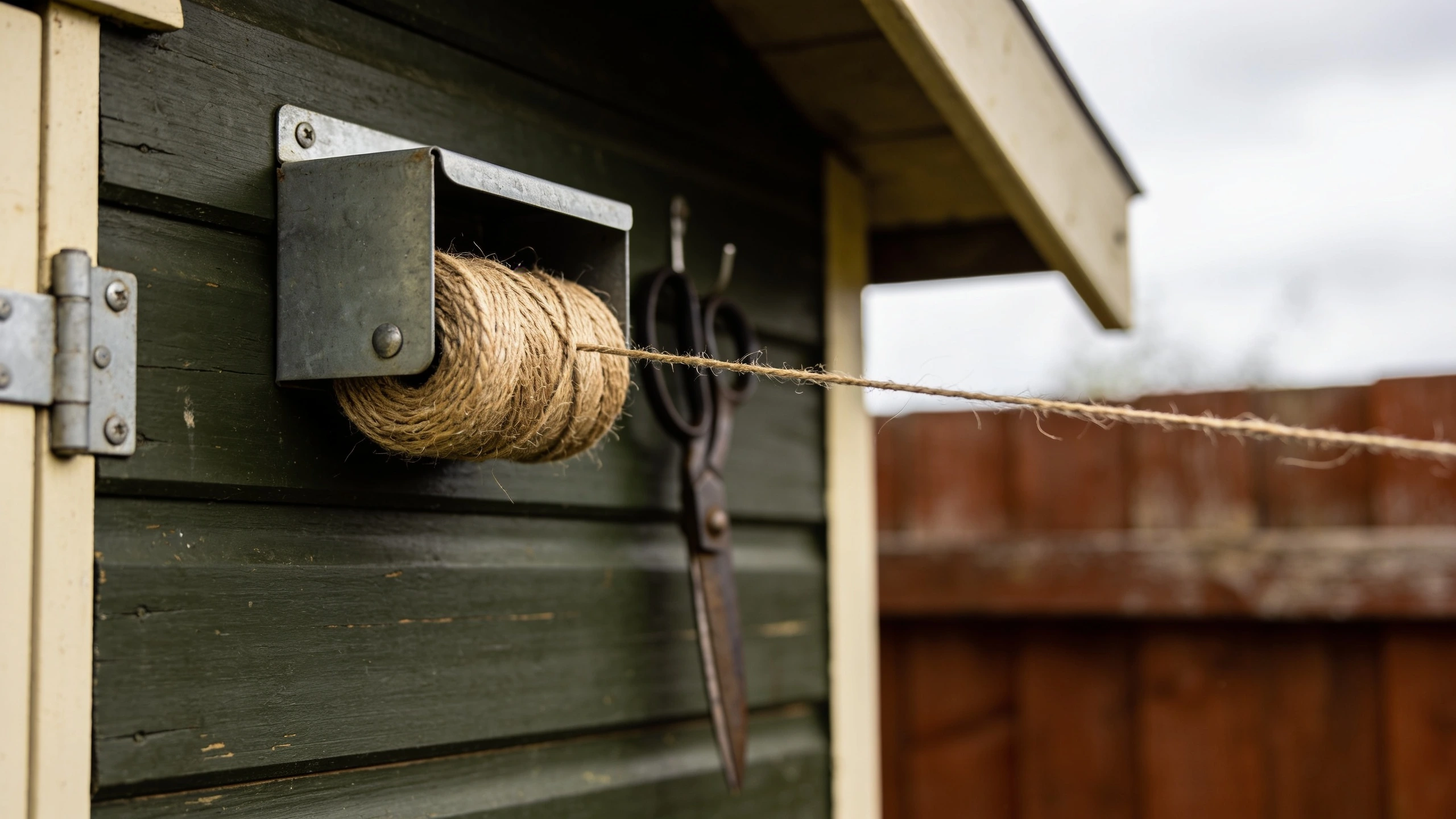 Jute twine in a wall dispenser Ball of jute garden twine in a simple metal wall dispenser