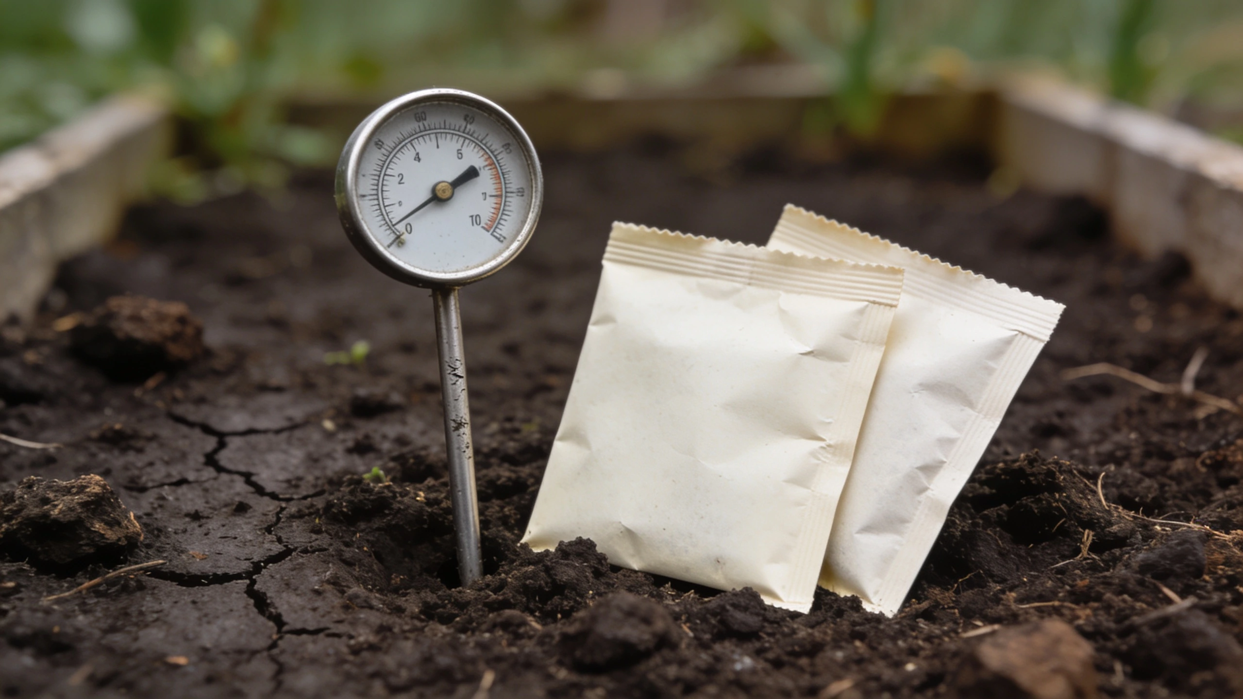 A dial soil thermometer pushed into a bed Dial soil thermometer pushed into bare soil with seed packets resting beside it